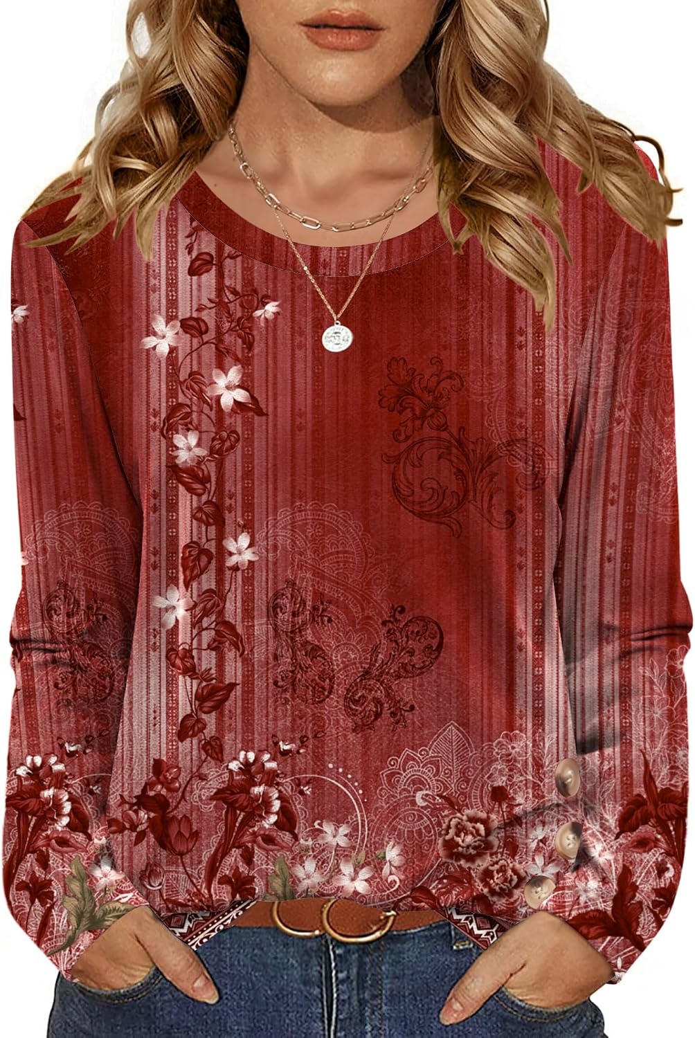 image:imageZeagoo Womens Tops 2025 Long Sleeve Shirts for Fall Round Neck Blouses Floral Tunic Tops with Buttons DecorFloral766