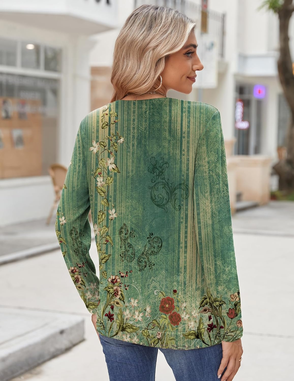 image:imageZeagoo Womens Tops 2025 Long Sleeve Shirts for Fall Round Neck Blouses Floral Tunic Tops with Buttons DecorFloral808