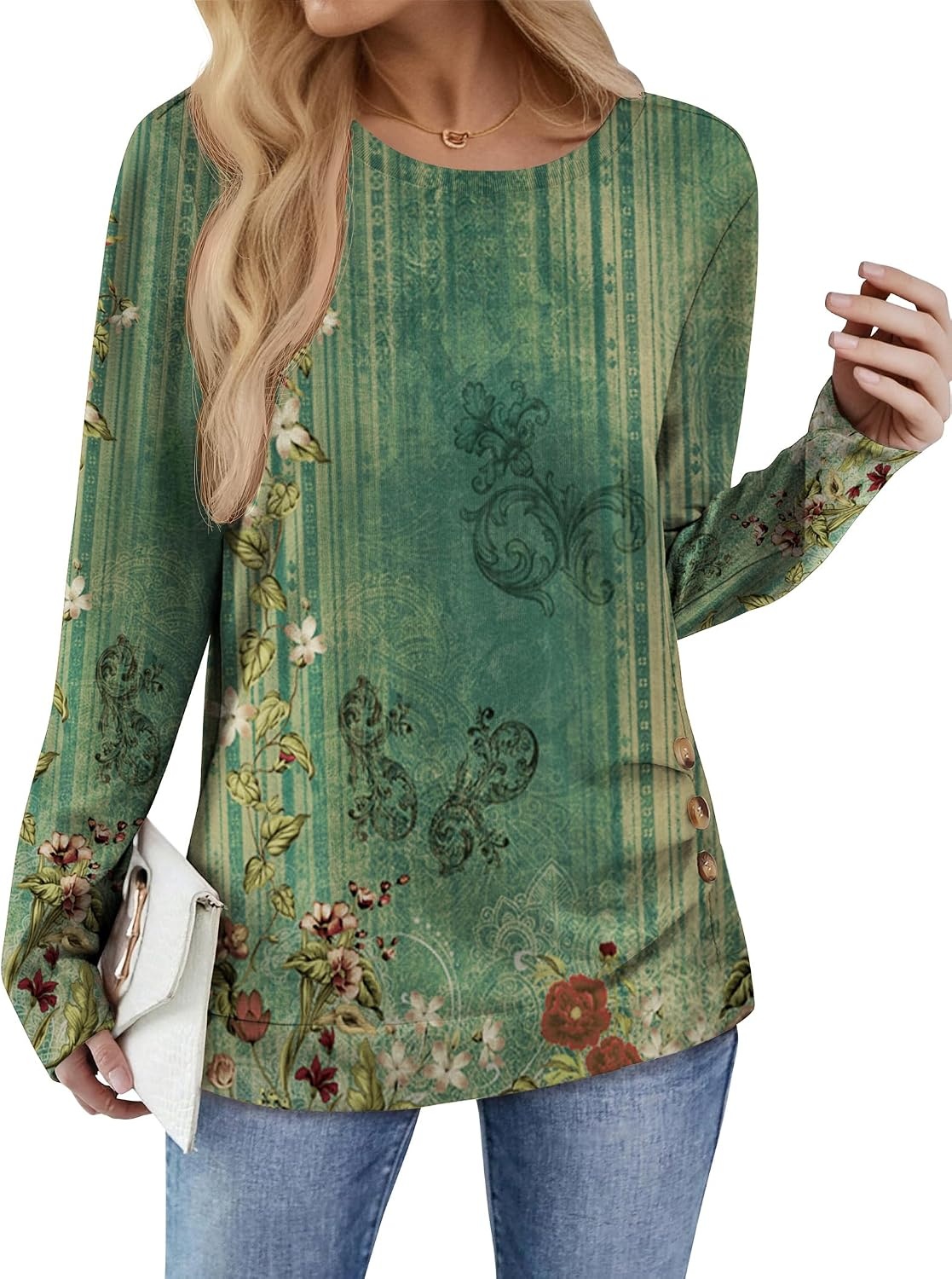 image:imageZeagoo Womens Tops 2025 Long Sleeve Shirts for Fall Round Neck Blouses Floral Tunic Tops with Buttons DecorFloral808