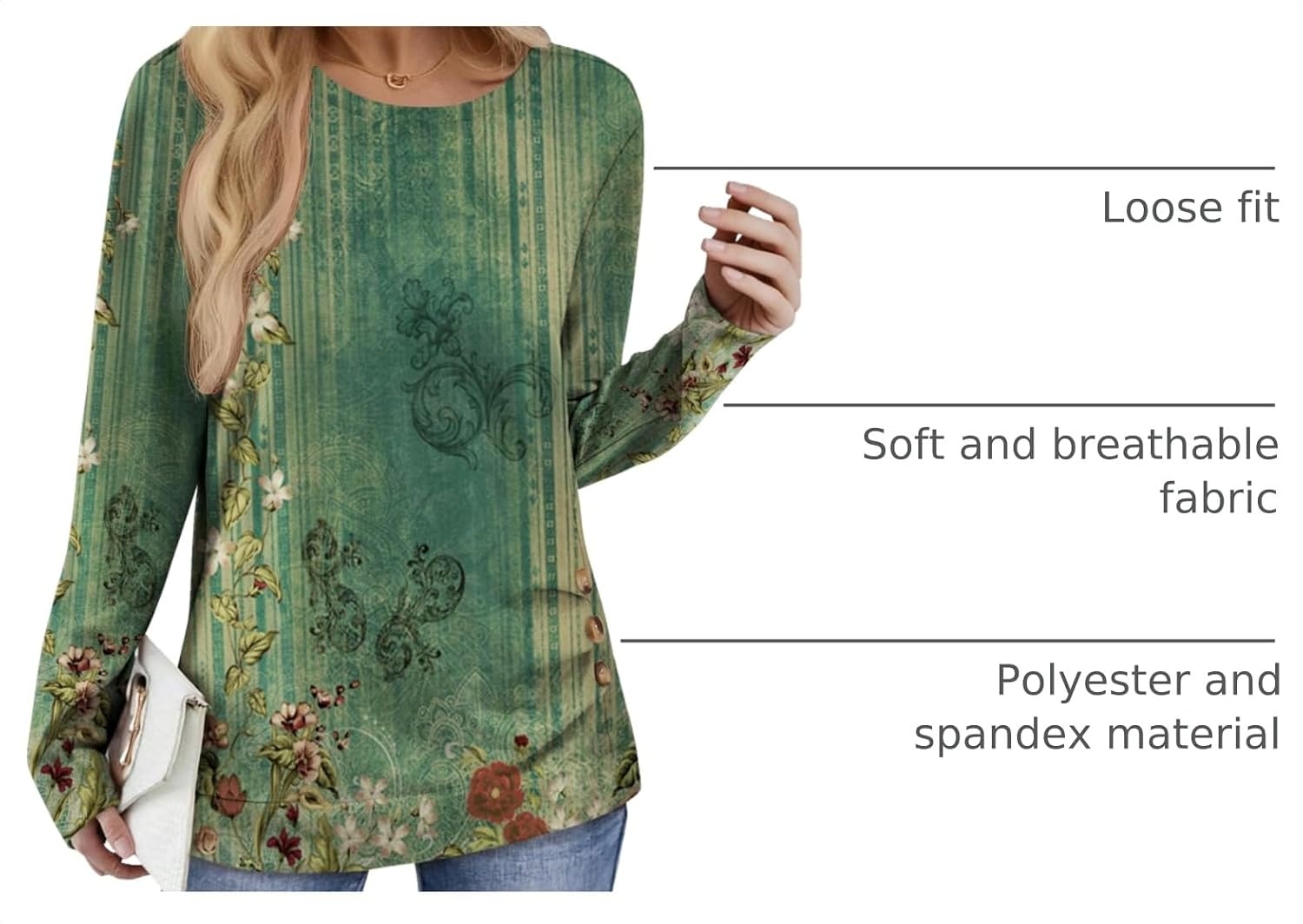 image:imageZeagoo Womens Tops 2025 Long Sleeve Shirts for Fall Round Neck Blouses Floral Tunic Tops with Buttons DecorFloral808