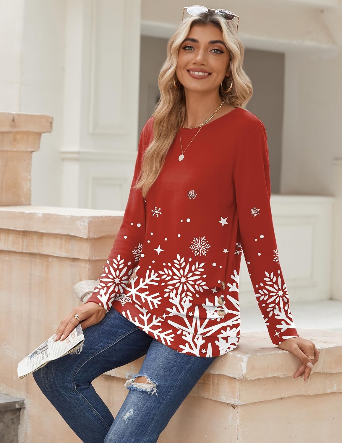 image:imageZeagoo Womens Tops 2025 Long Sleeve Shirts for Fall Round Neck Blouses Floral Tunic Tops with Buttons DecorFloralsd507