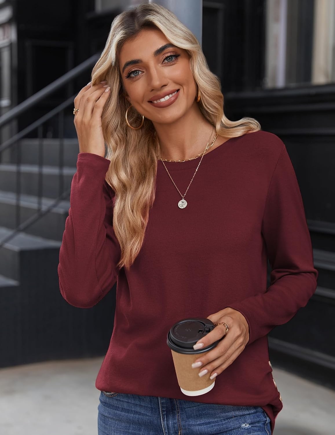 image:imageZeagoo Womens Tops 2025 Long Sleeve Shirts for Fall Round Neck Blouses Floral Tunic Tops with Buttons DecorRed