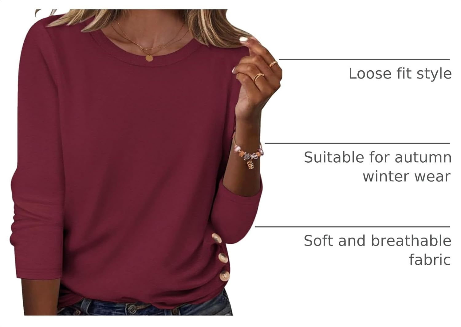 image:imageZeagoo Womens Tops 2025 Long Sleeve Shirts for Fall Round Neck Blouses Floral Tunic Tops with Buttons DecorRed