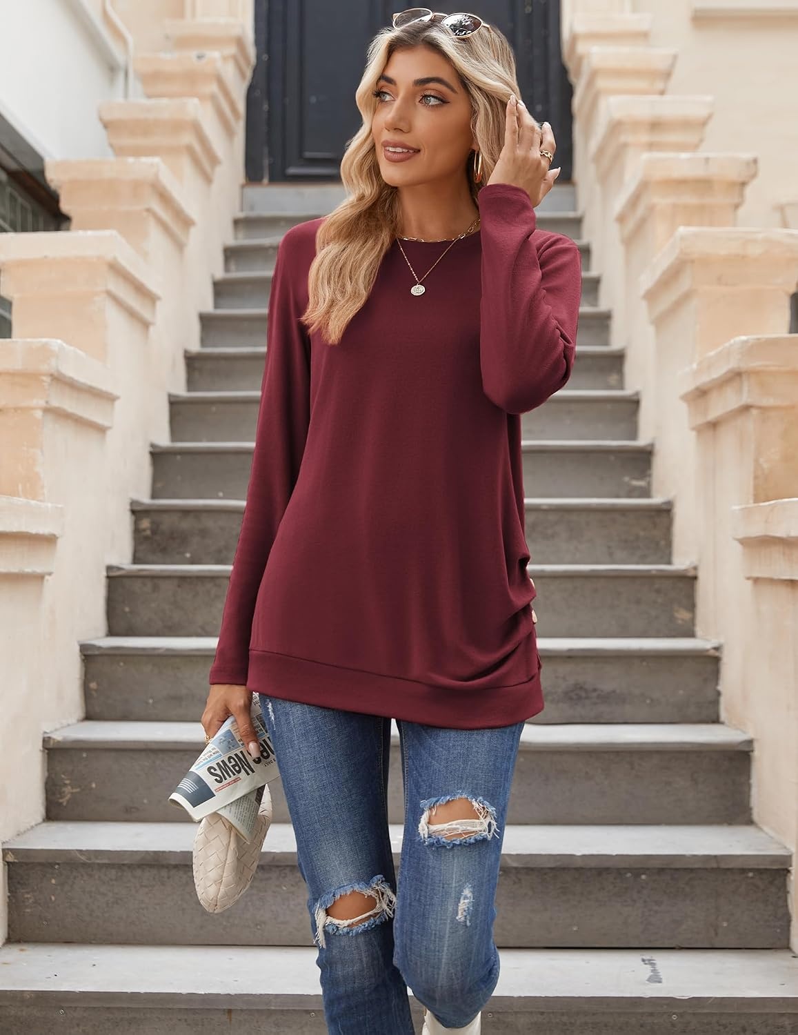 image:imageZeagoo Womens Tops 2025 Long Sleeve Shirts for Fall Round Neck Blouses Floral Tunic Tops with Buttons DecorRed