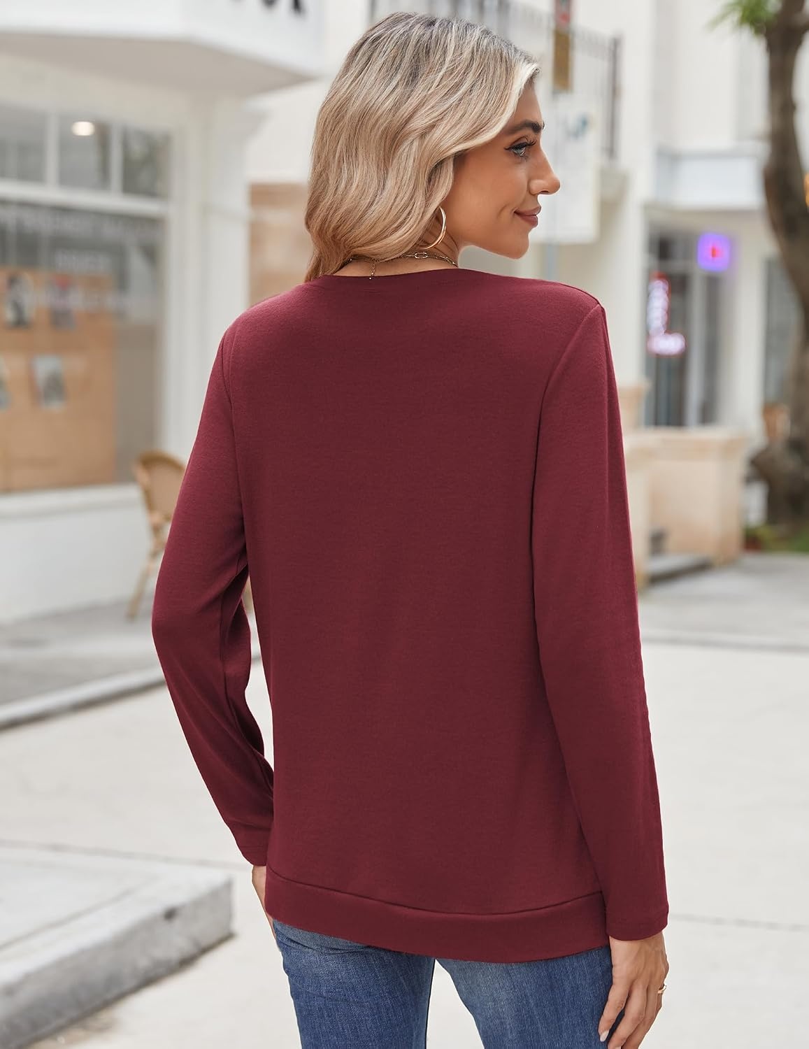 image:imageZeagoo Womens Tops 2025 Long Sleeve Shirts for Fall Round Neck Blouses Floral Tunic Tops with Buttons DecorRed