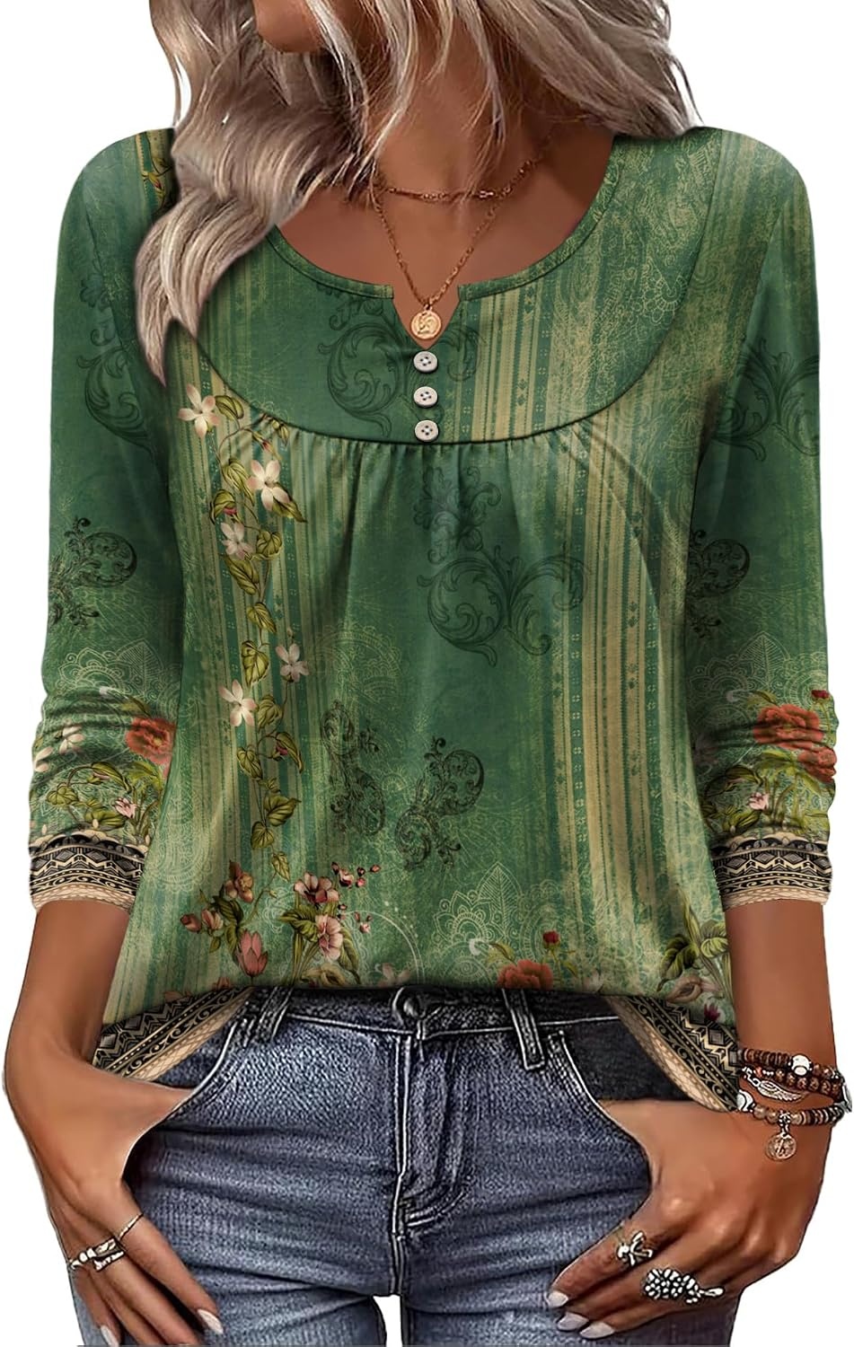 image:imageZeagoo Womens Tops Long Sleeve Shirts Boho Tops for Women 2026 Fall Blouses Ladies Sweatshirts Spring Fashion ClothingA01green Print