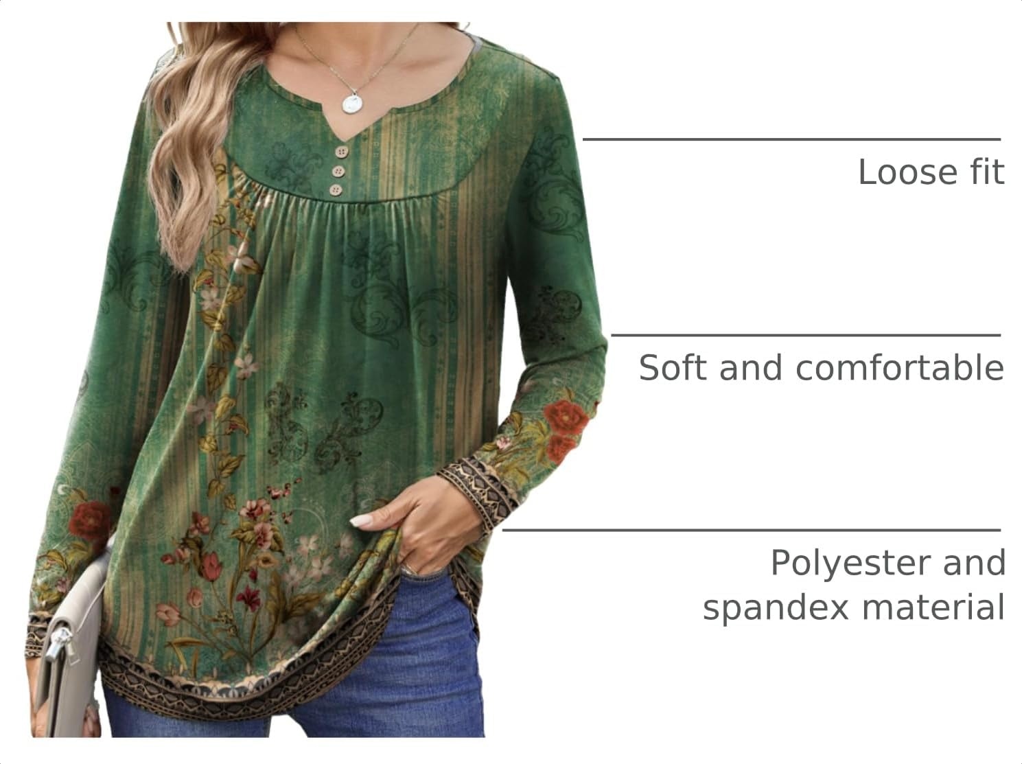 image:imageZeagoo Womens Tops Long Sleeve Shirts Boho Tops for Women 2026 Fall Blouses Ladies Sweatshirts Spring Fashion ClothingA01green Print