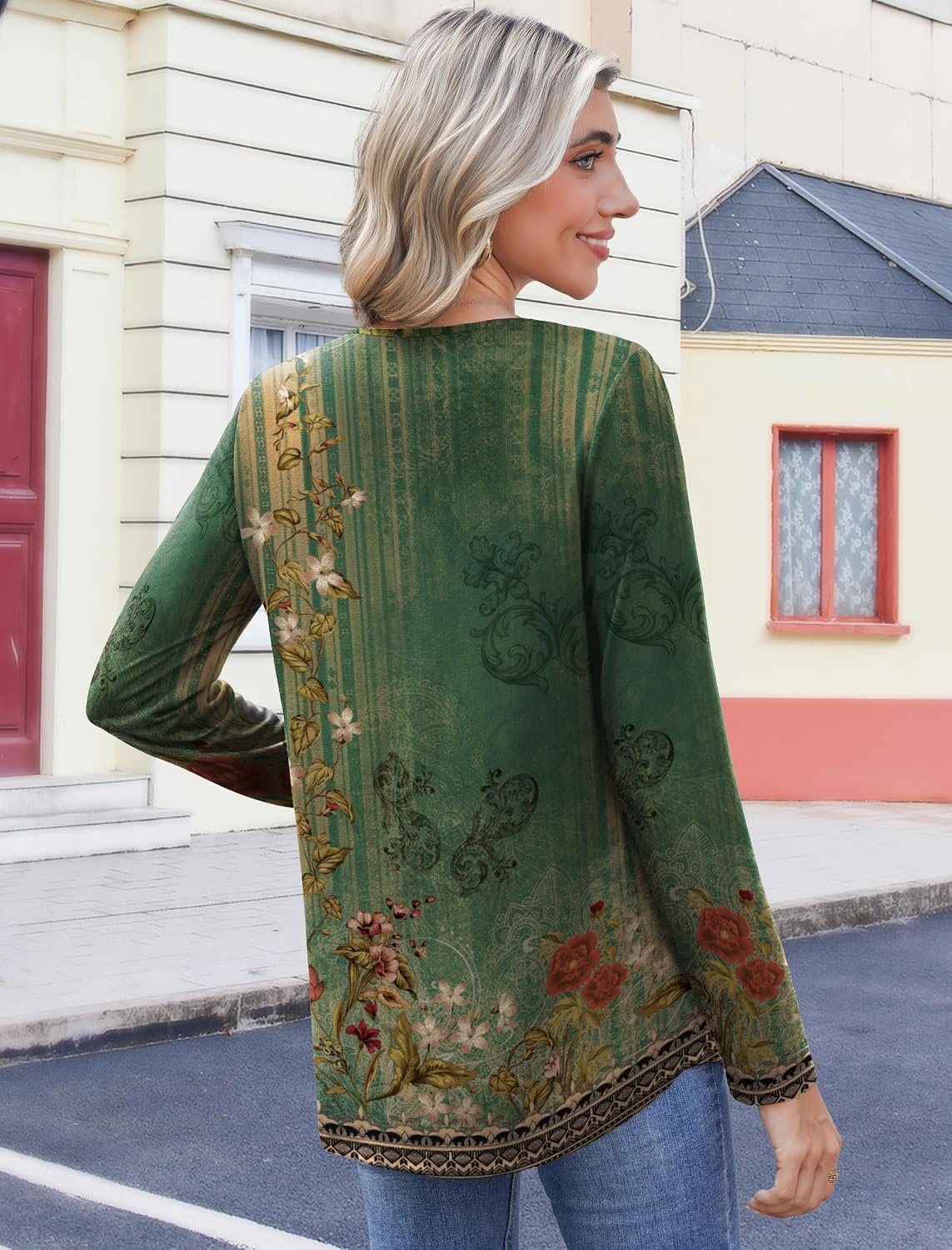 image:imageZeagoo Womens Tops Long Sleeve Shirts Boho Tops for Women 2026 Fall Blouses Ladies Sweatshirts Spring Fashion ClothingA01green Print