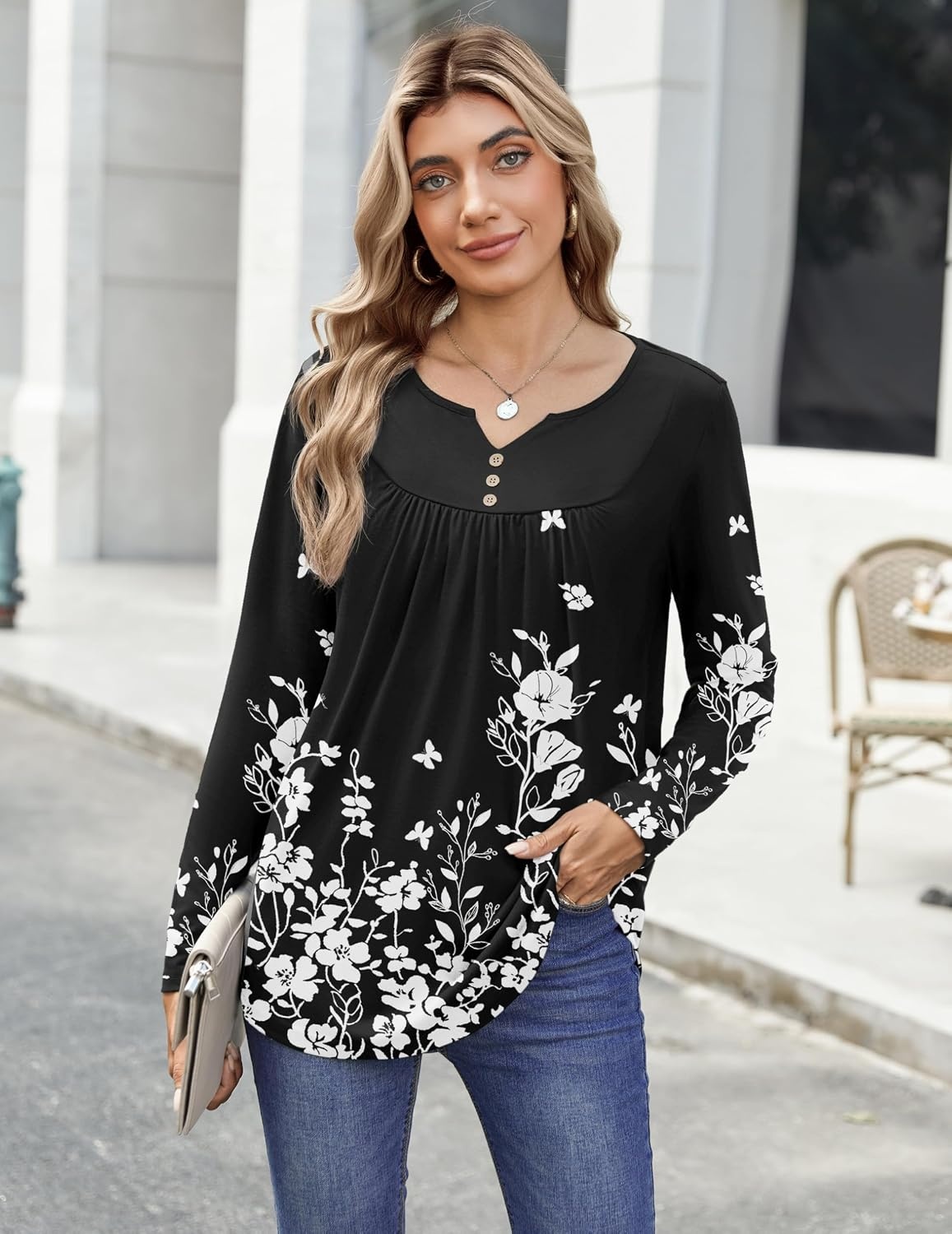 image:imageZeagoo Womens Tops Long Sleeve Shirts Boho Tops for Women 2026 Fall Blouses Ladies Sweatshirts Spring Fashion ClothingBlack Print