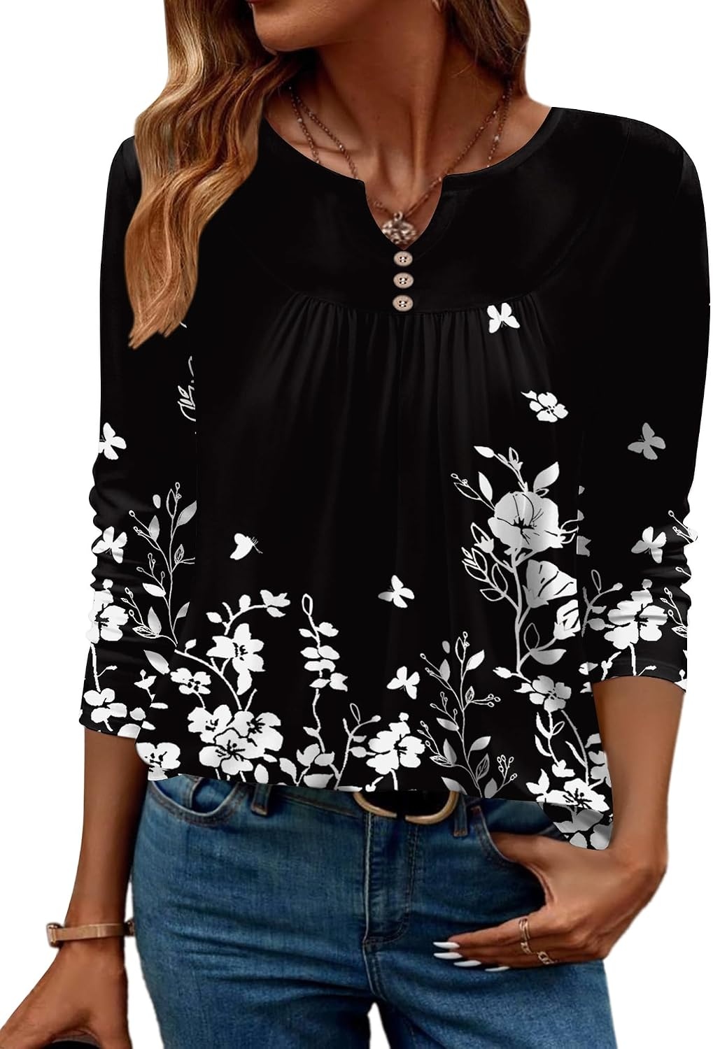 image:imageZeagoo Womens Tops Long Sleeve Shirts Boho Tops for Women 2026 Fall Blouses Ladies Sweatshirts Spring Fashion ClothingBlack Print