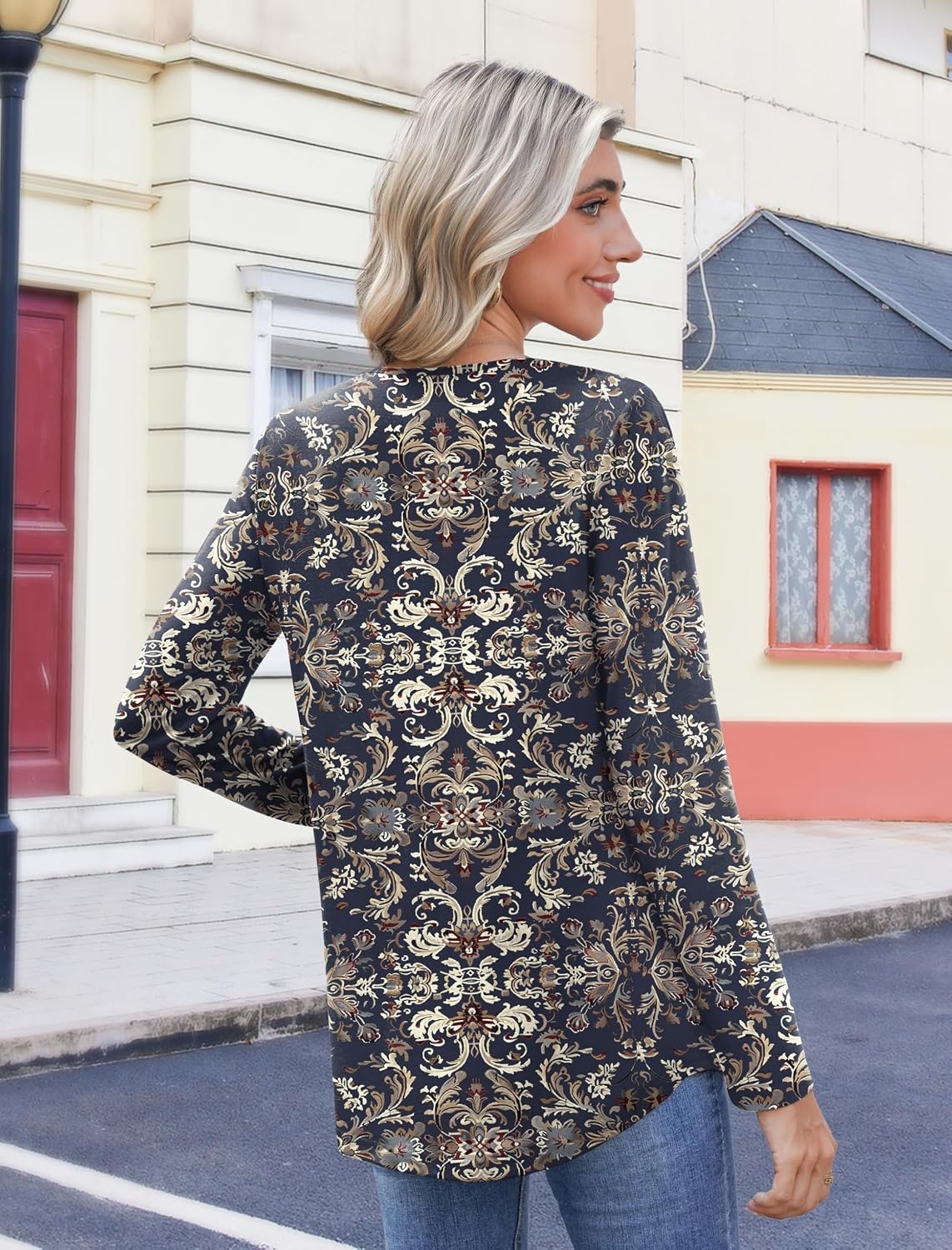 image:imageZeagoo Womens Tops Long Sleeve Shirts Boho Tops for Women 2026 Fall Blouses Ladies Sweatshirts Spring Fashion ClothingBlue Ethnic Style