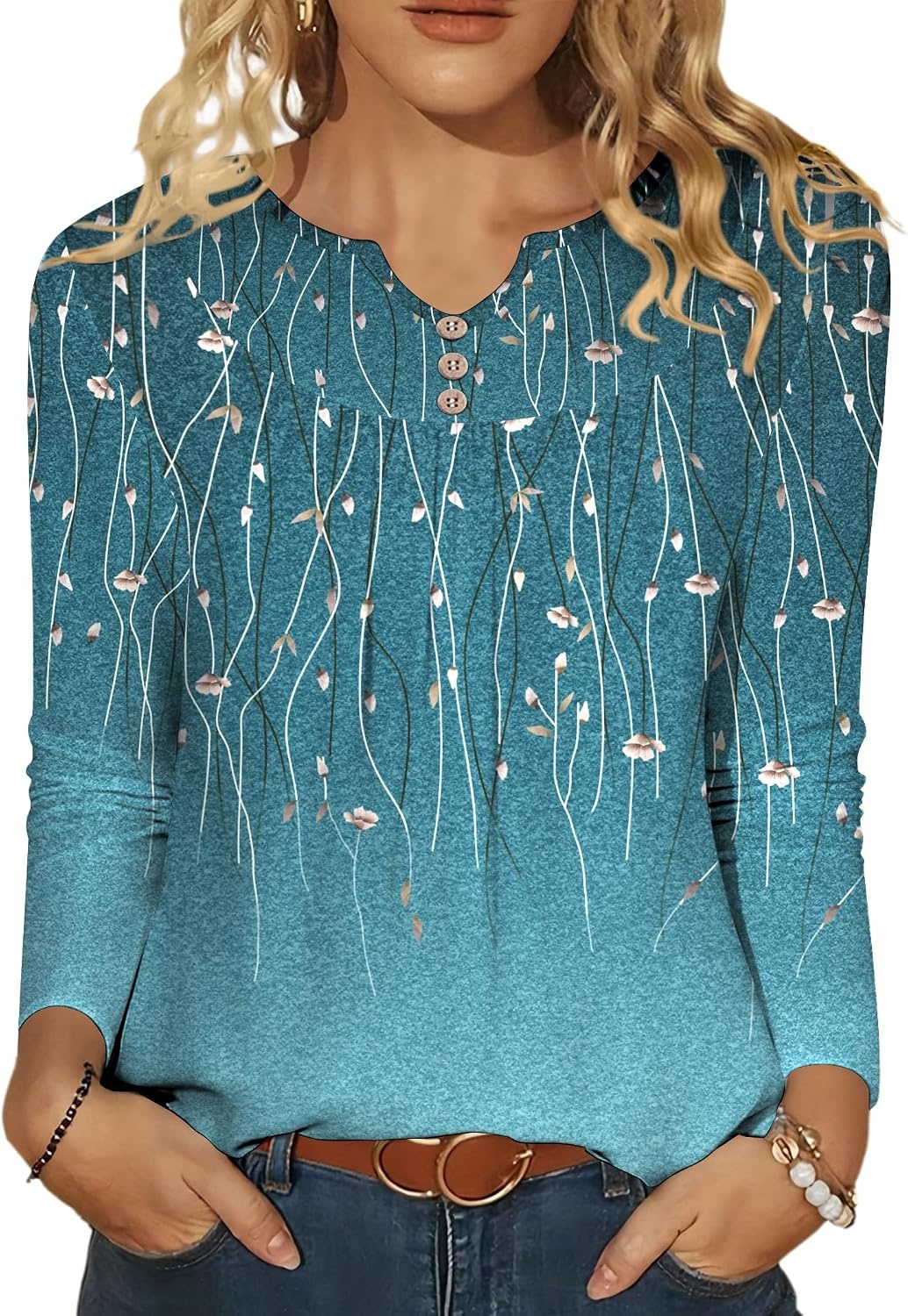 image:imageZeagoo Womens Tops Long Sleeve Shirts Boho Tops for Women 2026 Fall Blouses Ladies Sweatshirts Spring Fashion ClothingBlue Green Leaf