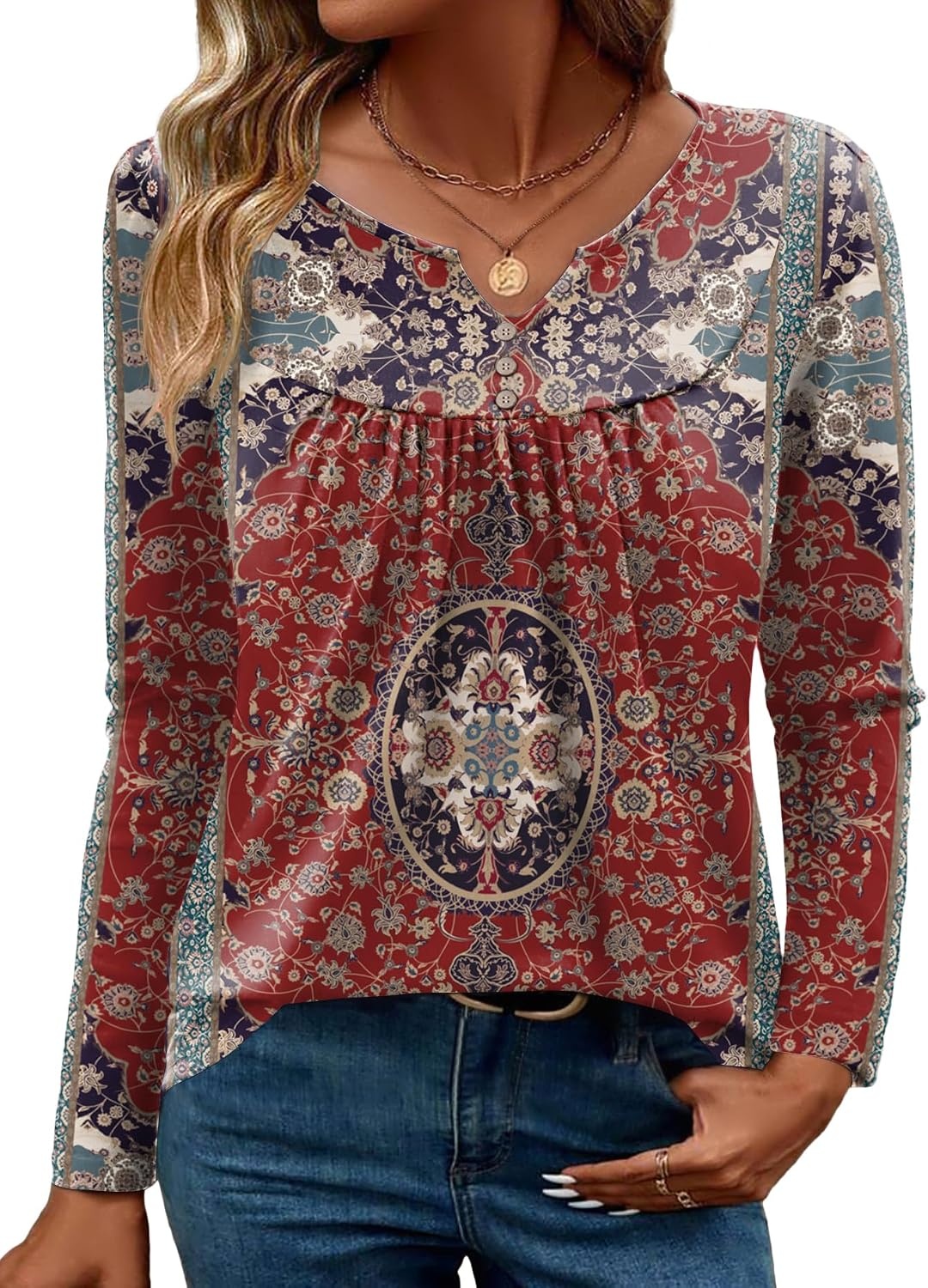 image:imageZeagoo Womens Tops Long Sleeve Shirts Boho Tops for Women 2026 Fall Blouses Ladies Sweatshirts Spring Fashion ClothingEthnic Rug Pattern
