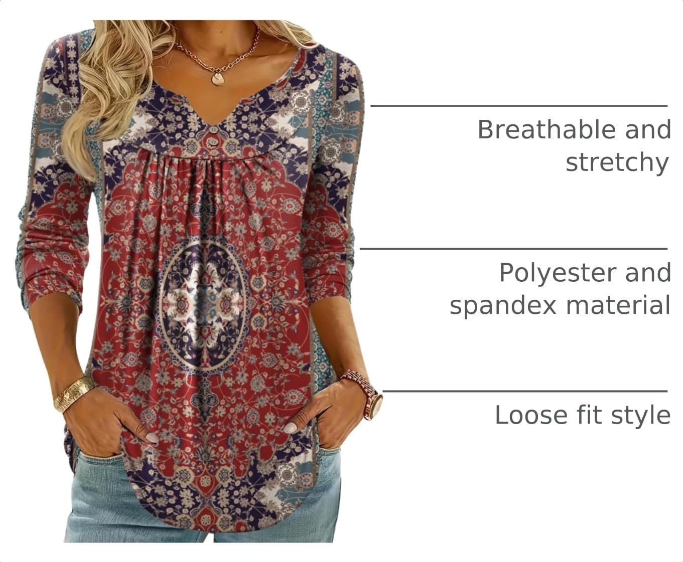 image:imageZeagoo Womens Tops Long Sleeve Shirts Boho Tops for Women 2026 Fall Blouses Ladies Sweatshirts Spring Fashion ClothingEthnic Rug Pattern