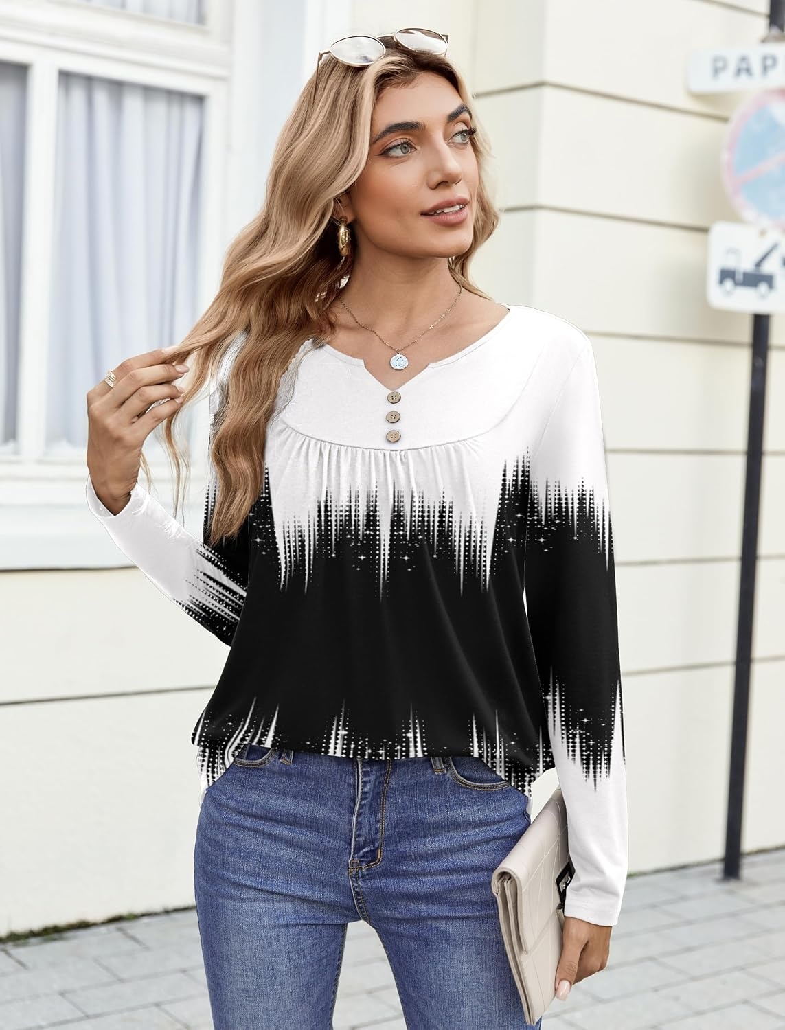 image:imageZeagoo Womens Tops Long Sleeve Shirts Boho Tops for Women 2026 Fall Blouses Ladies Sweatshirts Spring Fashion ClothingGradient Black White