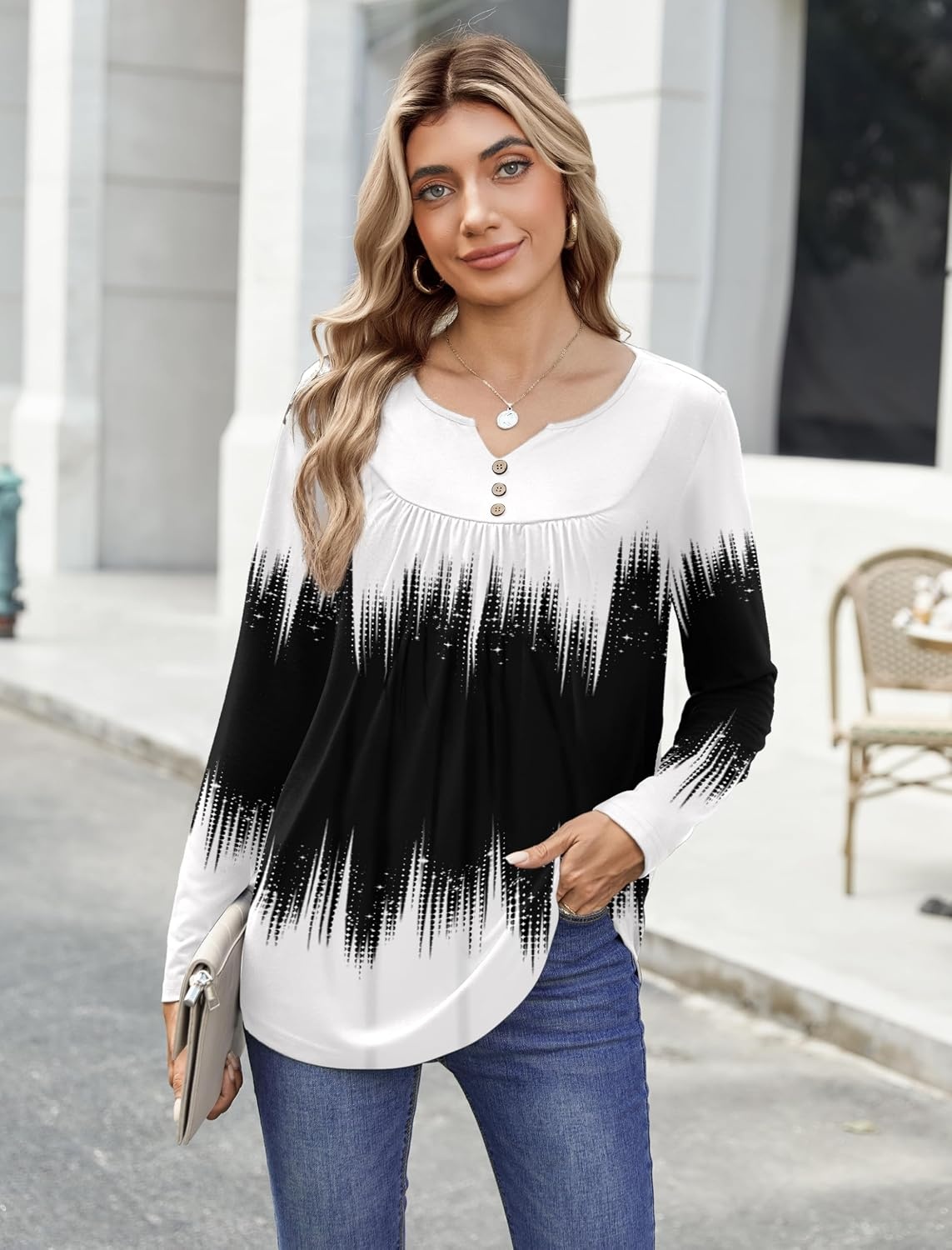 image:imageZeagoo Womens Tops Long Sleeve Shirts Boho Tops for Women 2026 Fall Blouses Ladies Sweatshirts Spring Fashion ClothingGradient Black White