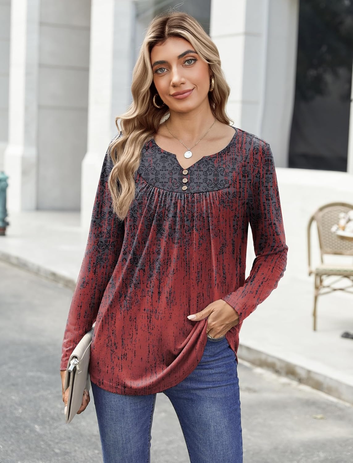 image:imageZeagoo Womens Tops Long Sleeve Shirts Boho Tops for Women 2026 Fall Blouses Ladies Sweatshirts Spring Fashion ClothingGradient Ethnic Style
