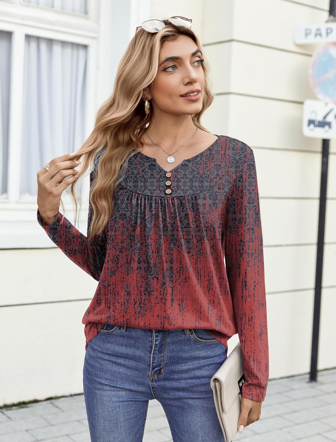 image:imageZeagoo Womens Tops Long Sleeve Shirts Boho Tops for Women 2026 Fall Blouses Ladies Sweatshirts Spring Fashion ClothingGradient Ethnic Style