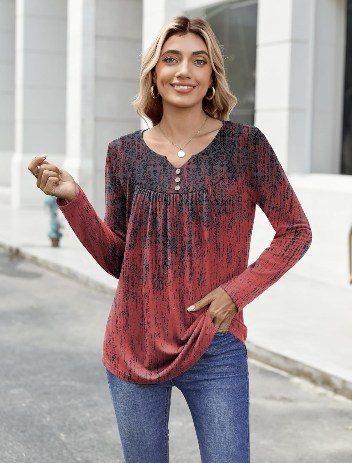 image:imageZeagoo Womens Tops Long Sleeve Shirts Boho Tops for Women 2026 Fall Blouses Ladies Sweatshirts Spring Fashion ClothingGradient Ethnic Style
