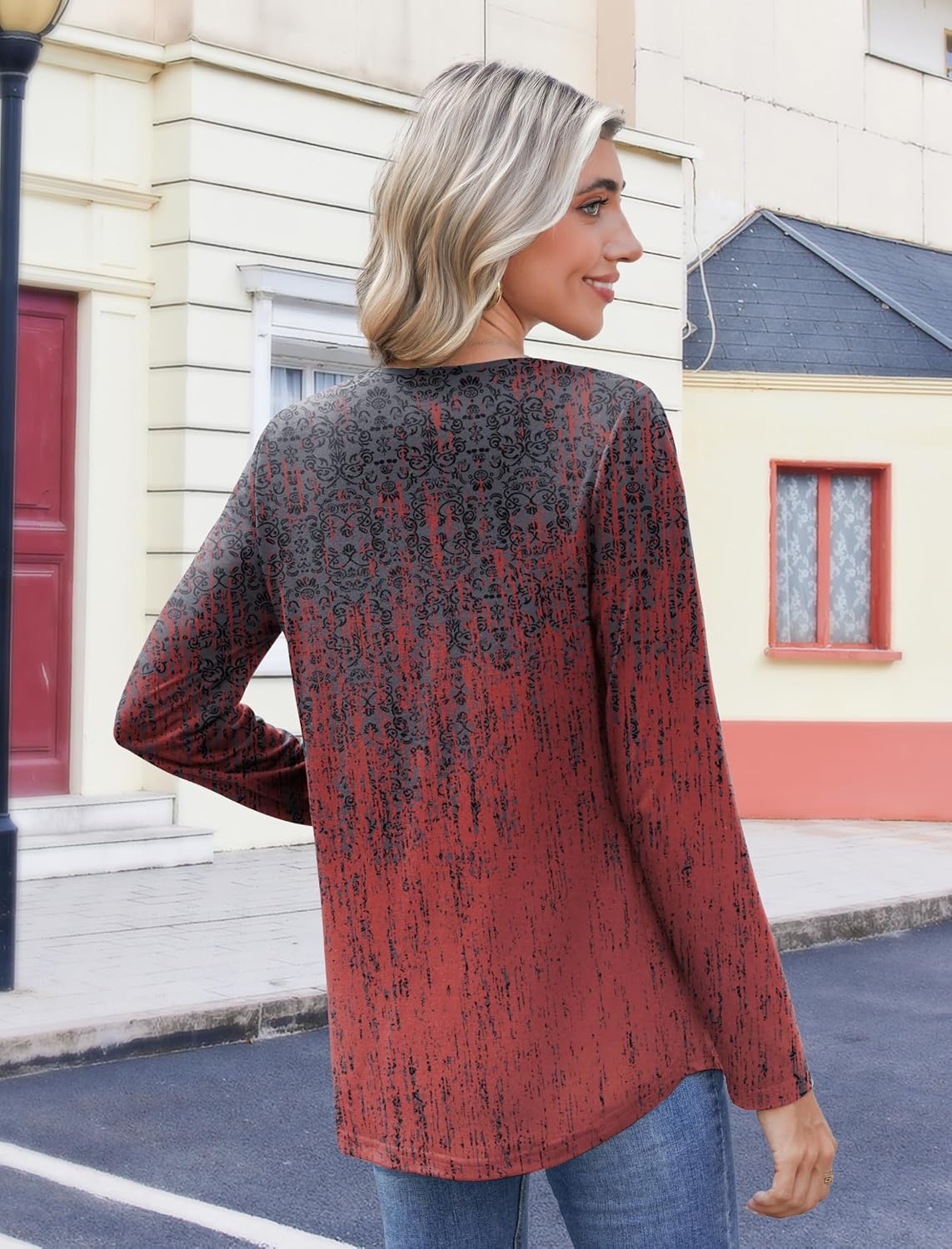 image:imageZeagoo Womens Tops Long Sleeve Shirts Boho Tops for Women 2026 Fall Blouses Ladies Sweatshirts Spring Fashion ClothingGradient Ethnic Style