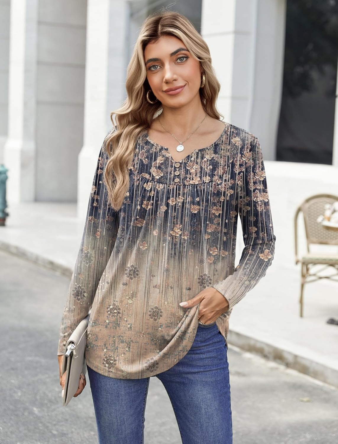 image:imageZeagoo Womens Tops Long Sleeve Shirts Boho Tops for Women 2026 Fall Blouses Ladies Sweatshirts Spring Fashion ClothingGradient Retro Flowers