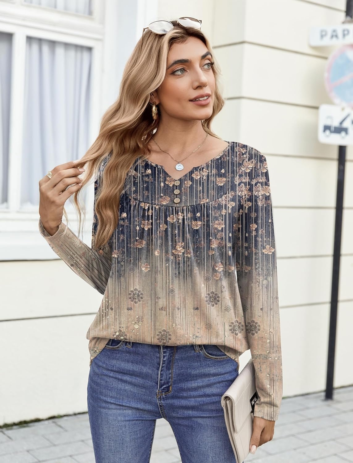 image:imageZeagoo Womens Tops Long Sleeve Shirts Boho Tops for Women 2026 Fall Blouses Ladies Sweatshirts Spring Fashion ClothingGradient Retro Flowers