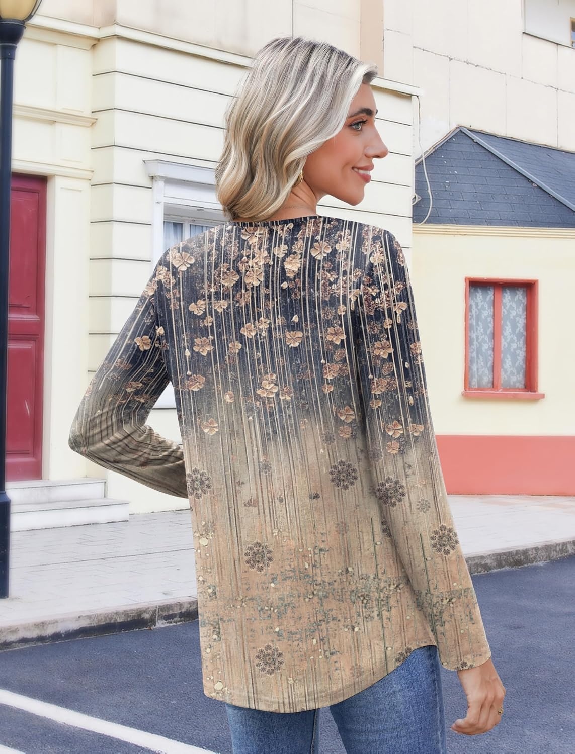 image:imageZeagoo Womens Tops Long Sleeve Shirts Boho Tops for Women 2026 Fall Blouses Ladies Sweatshirts Spring Fashion ClothingGradient Retro Flowers