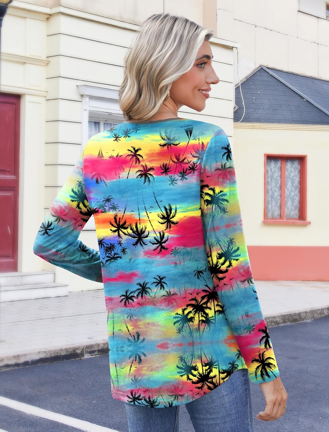 image:imageZeagoo Womens Tops Long Sleeve Shirts Boho Tops for Women 2026 Fall Blouses Ladies Sweatshirts Spring Fashion ClothingGradual Rainbow Trees
