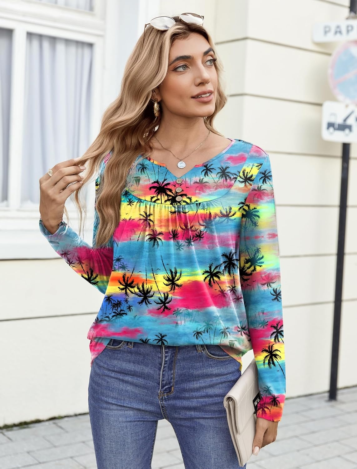 image:imageZeagoo Womens Tops Long Sleeve Shirts Boho Tops for Women 2026 Fall Blouses Ladies Sweatshirts Spring Fashion ClothingGradual Rainbow Trees