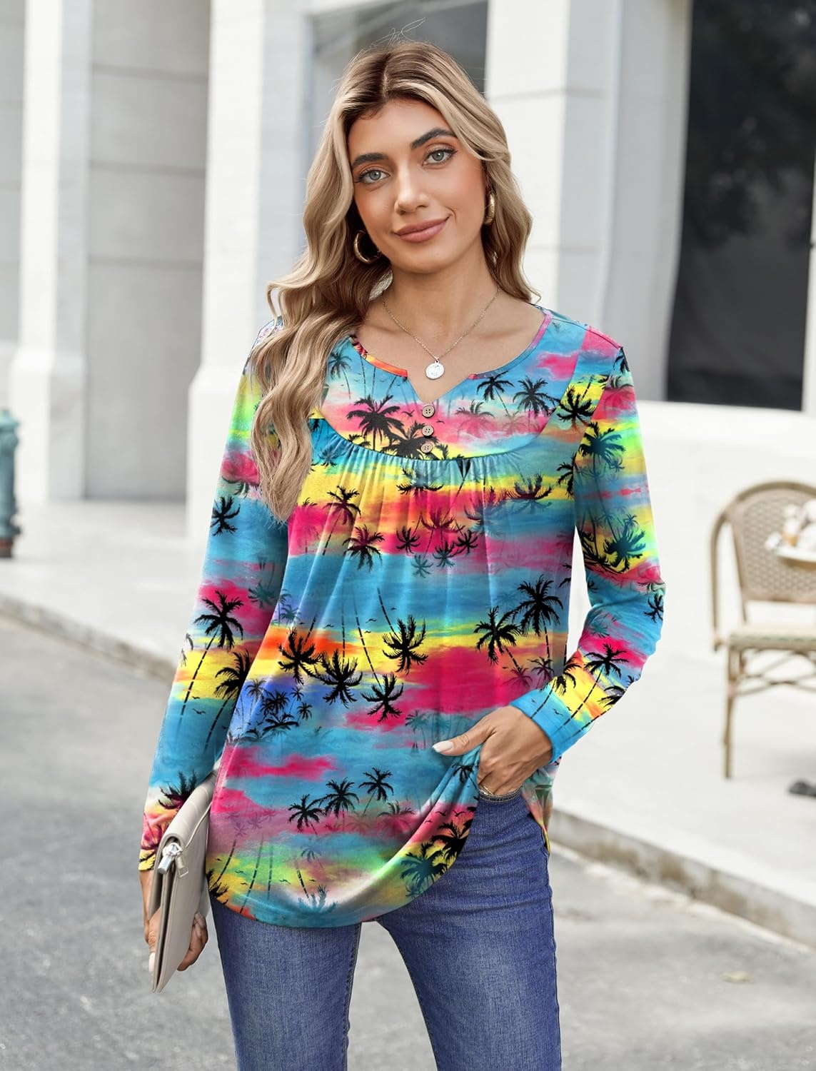 image:imageZeagoo Womens Tops Long Sleeve Shirts Boho Tops for Women 2026 Fall Blouses Ladies Sweatshirts Spring Fashion ClothingGradual Rainbow Trees