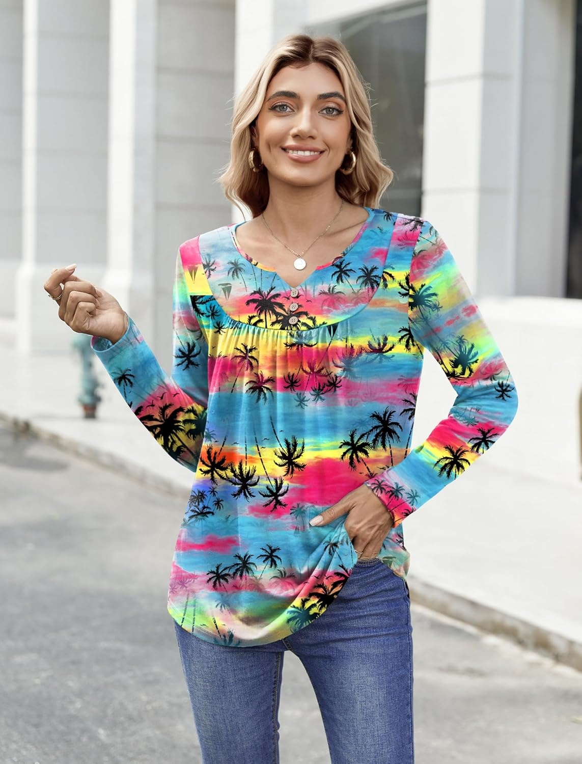 image:imageZeagoo Womens Tops Long Sleeve Shirts Boho Tops for Women 2026 Fall Blouses Ladies Sweatshirts Spring Fashion ClothingGradual Rainbow Trees