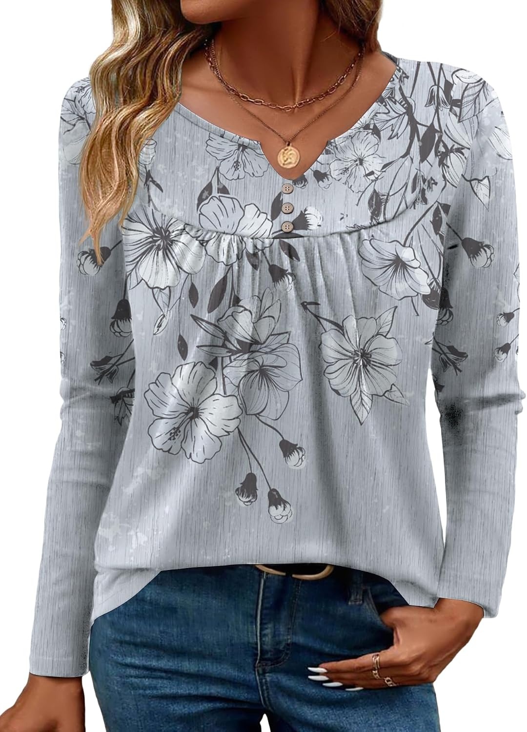 image:imageZeagoo Womens Tops Long Sleeve Shirts Boho Tops for Women 2026 Fall Blouses Ladies Sweatshirts Spring Fashion ClothingGrey Print
