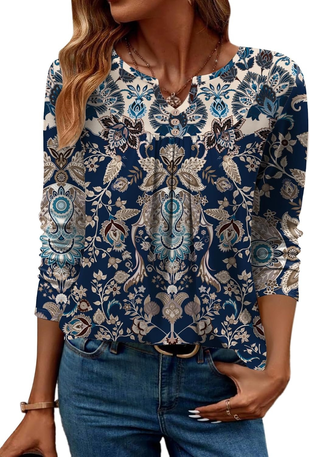image:imageZeagoo Womens Tops Long Sleeve Shirts Boho Tops for Women 2026 Fall Blouses Ladies Sweatshirts Spring Fashion ClothingNavy Blue Ethnic