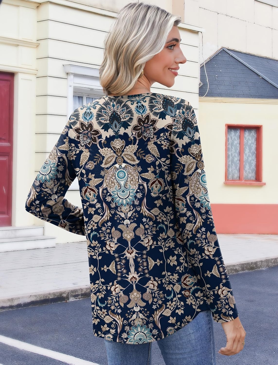 image:imageZeagoo Womens Tops Long Sleeve Shirts Boho Tops for Women 2026 Fall Blouses Ladies Sweatshirts Spring Fashion ClothingNavy Blue Ethnic