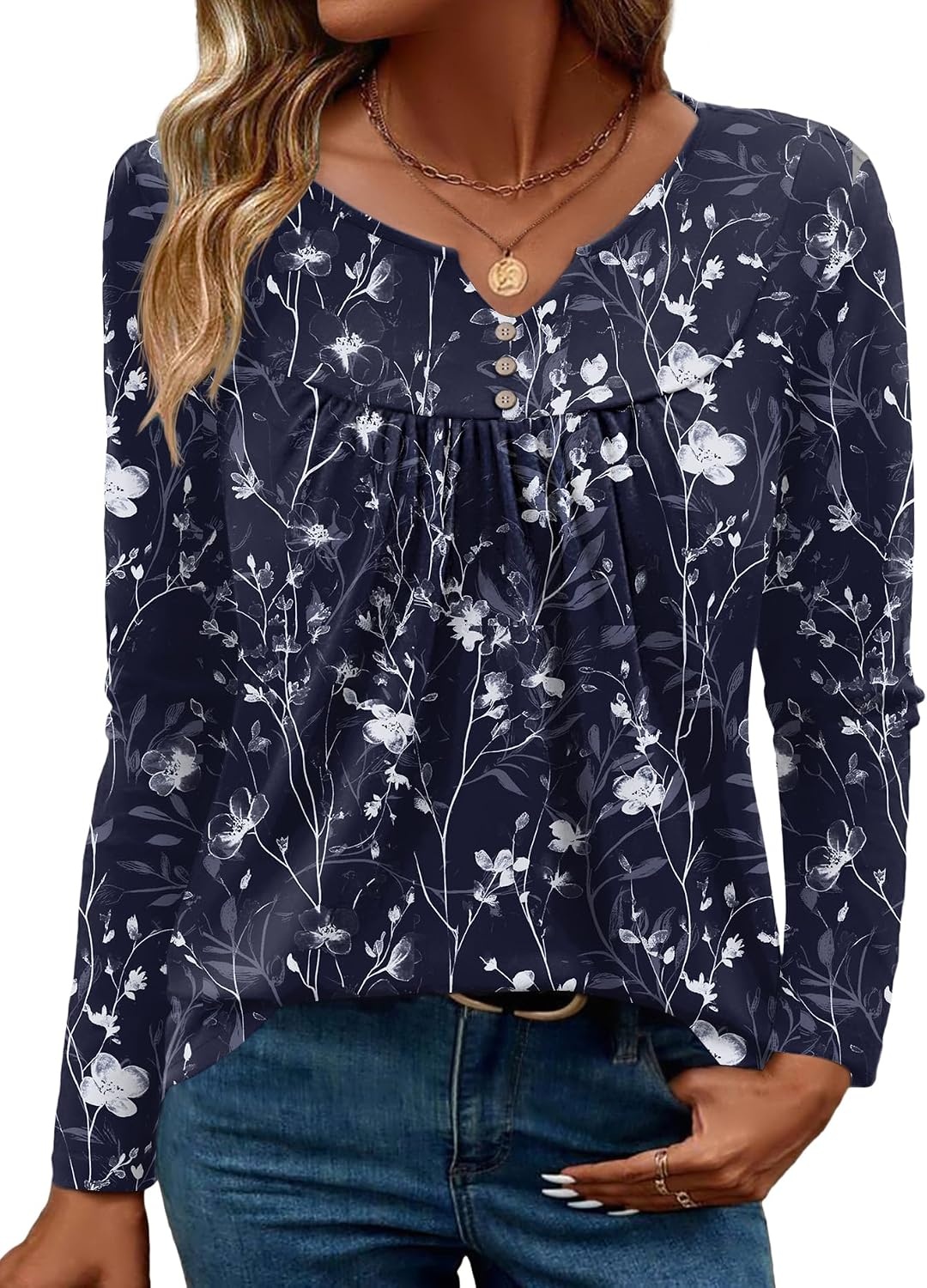 image:imageZeagoo Womens Tops Long Sleeve Shirts Boho Tops for Women 2026 Fall Blouses Ladies Sweatshirts Spring Fashion ClothingNavy Blue Flowers