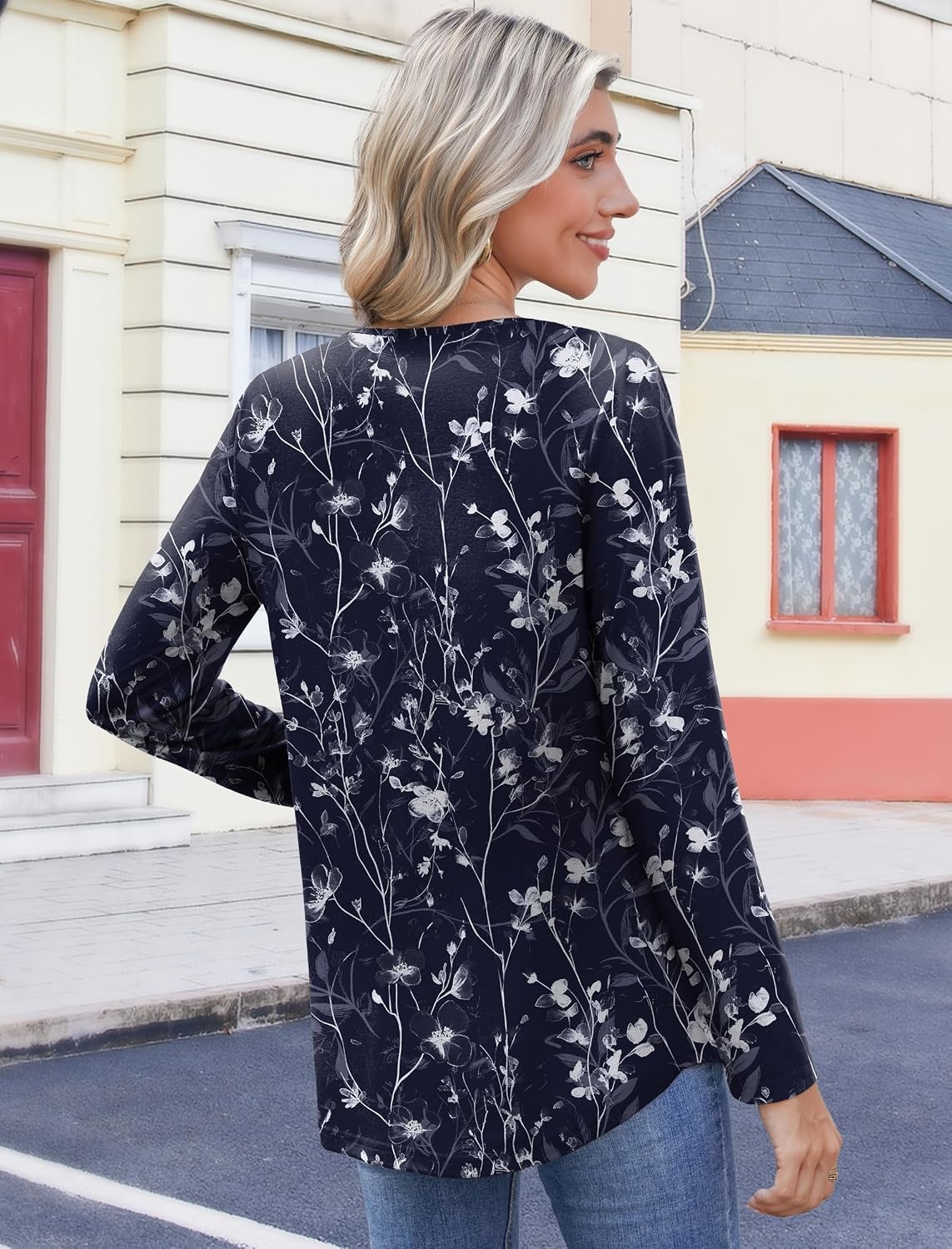 image:imageZeagoo Womens Tops Long Sleeve Shirts Boho Tops for Women 2026 Fall Blouses Ladies Sweatshirts Spring Fashion ClothingNavy Blue Flowers