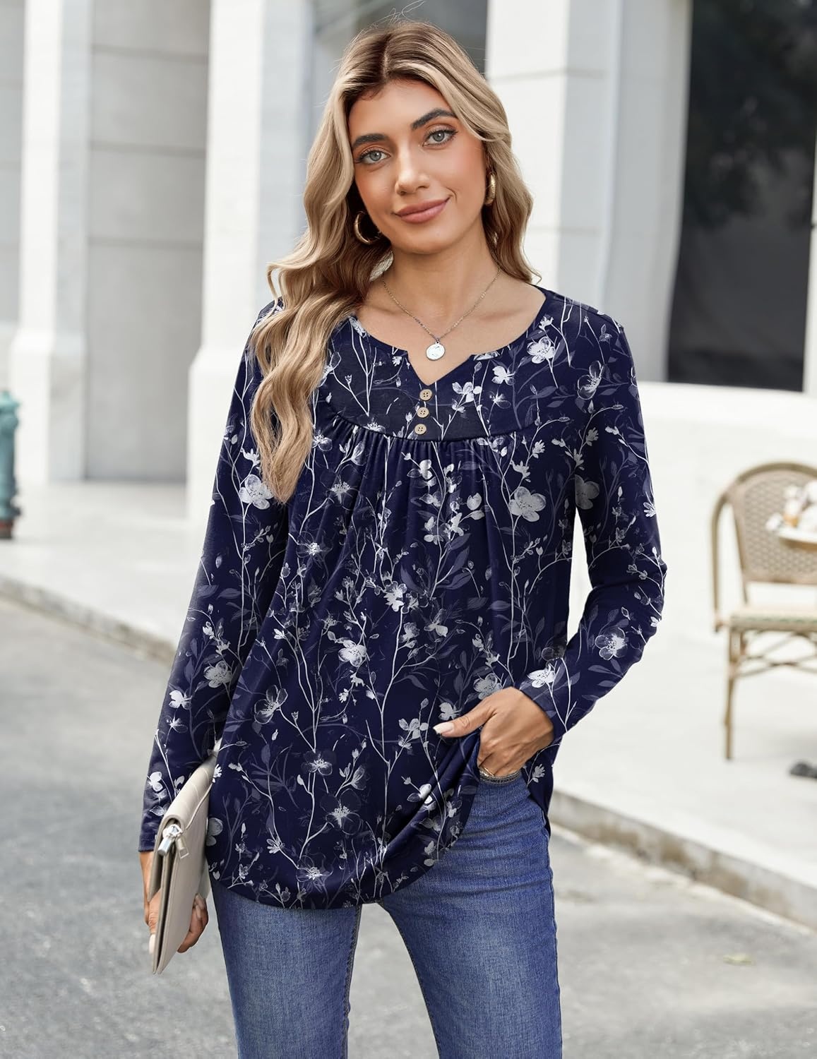 image:imageZeagoo Womens Tops Long Sleeve Shirts Boho Tops for Women 2026 Fall Blouses Ladies Sweatshirts Spring Fashion ClothingNavy Blue Flowers