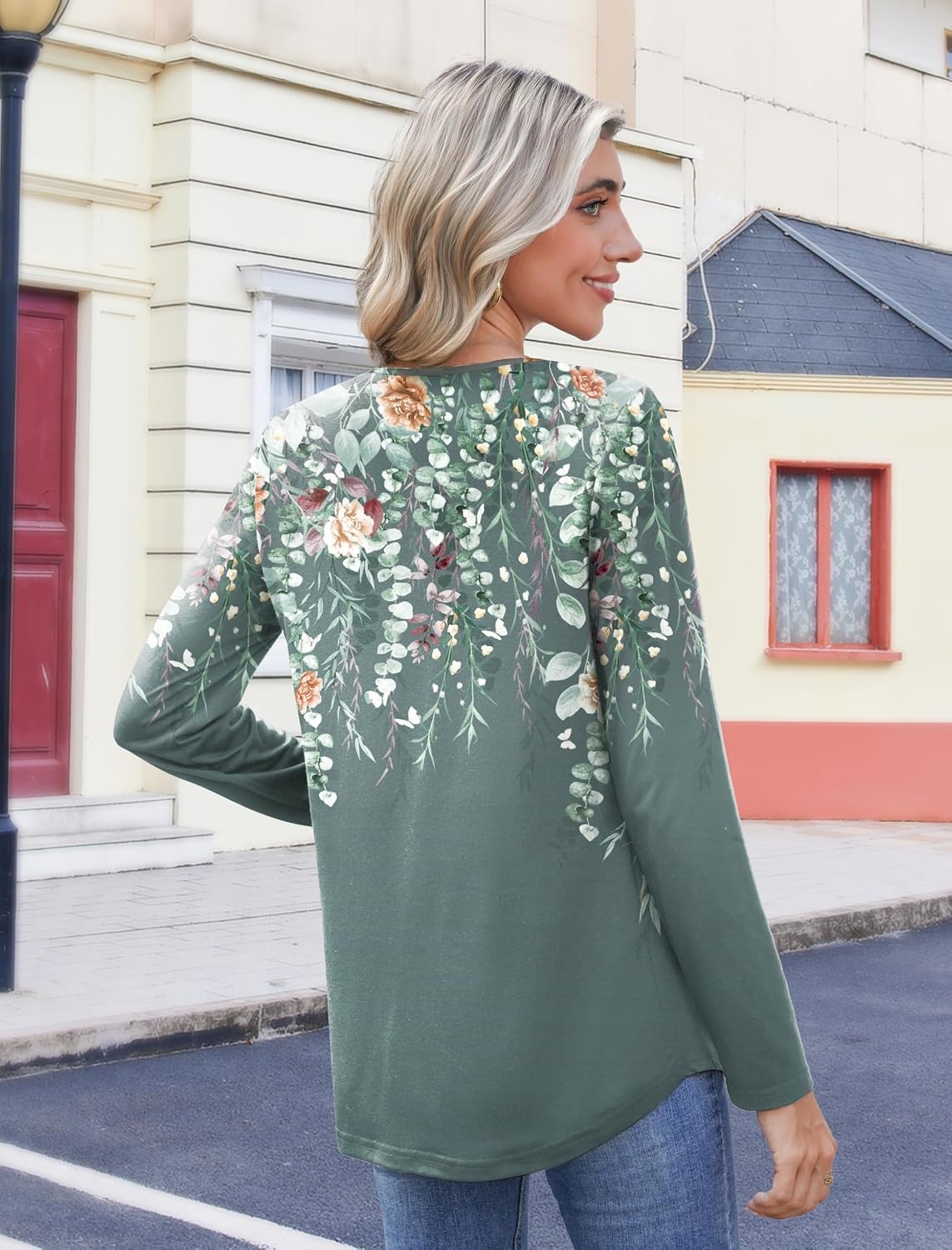 image:imageZeagoo Womens Tops Long Sleeve Shirts Boho Tops for Women 2026 Fall Blouses Ladies Sweatshirts Spring Fashion ClothingPlants Flowers