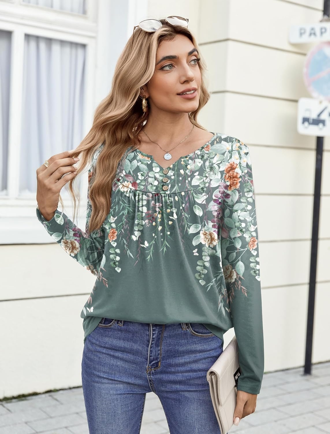 image:imageZeagoo Womens Tops Long Sleeve Shirts Boho Tops for Women 2026 Fall Blouses Ladies Sweatshirts Spring Fashion ClothingPlants Flowers