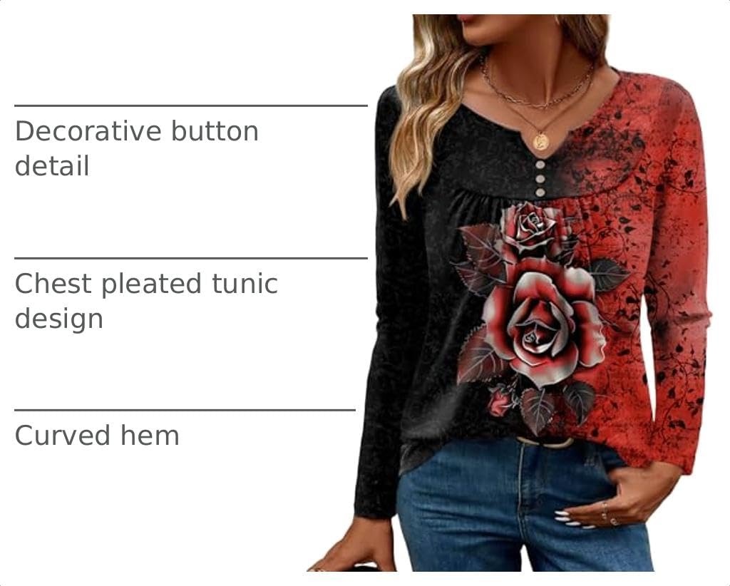 image:imageZeagoo Womens Tops Long Sleeve Shirts Boho Tops for Women 2026 Fall Blouses Ladies Sweatshirts Spring Fashion ClothingRed Flower