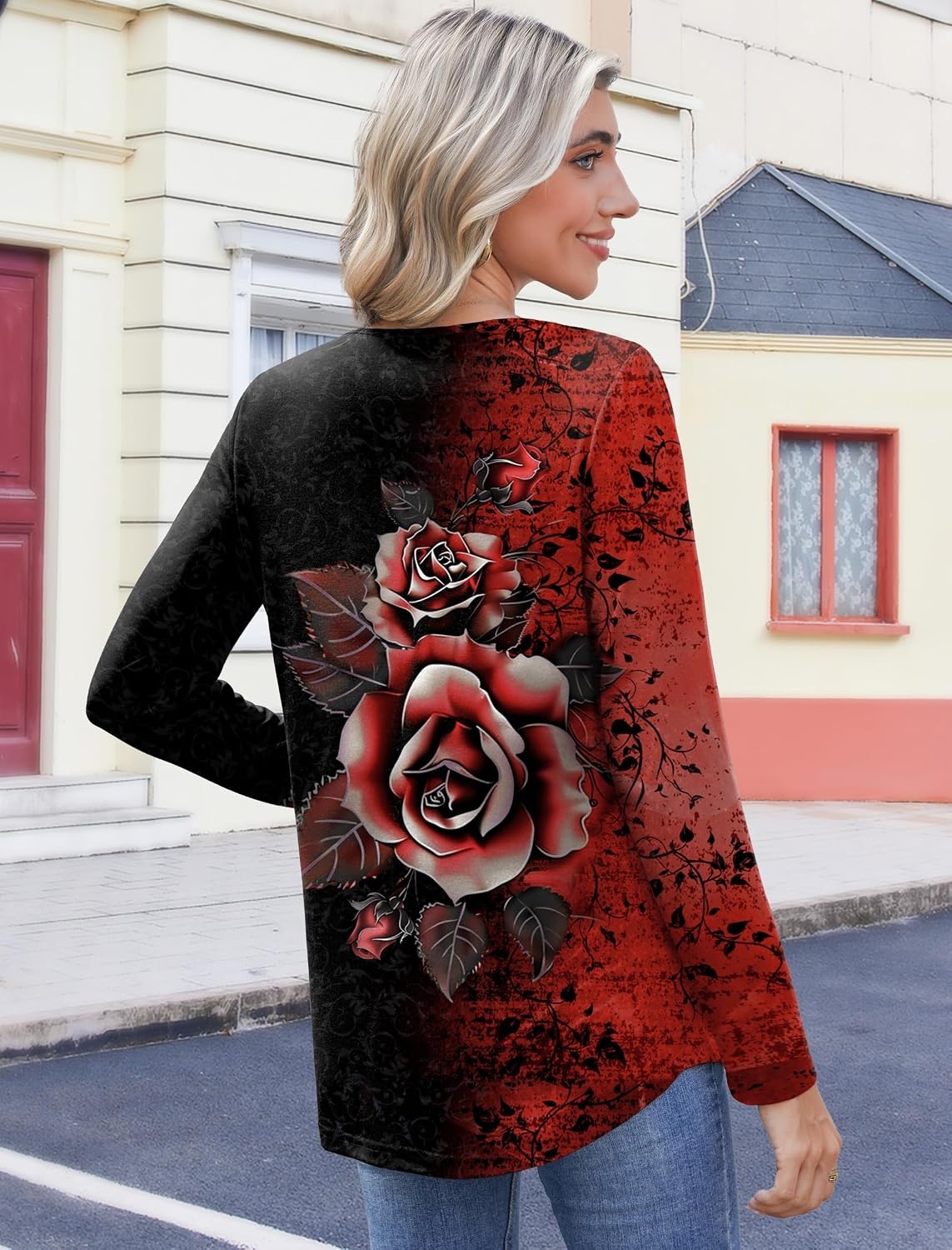 image:imageZeagoo Womens Tops Long Sleeve Shirts Boho Tops for Women 2026 Fall Blouses Ladies Sweatshirts Spring Fashion ClothingRed Flower