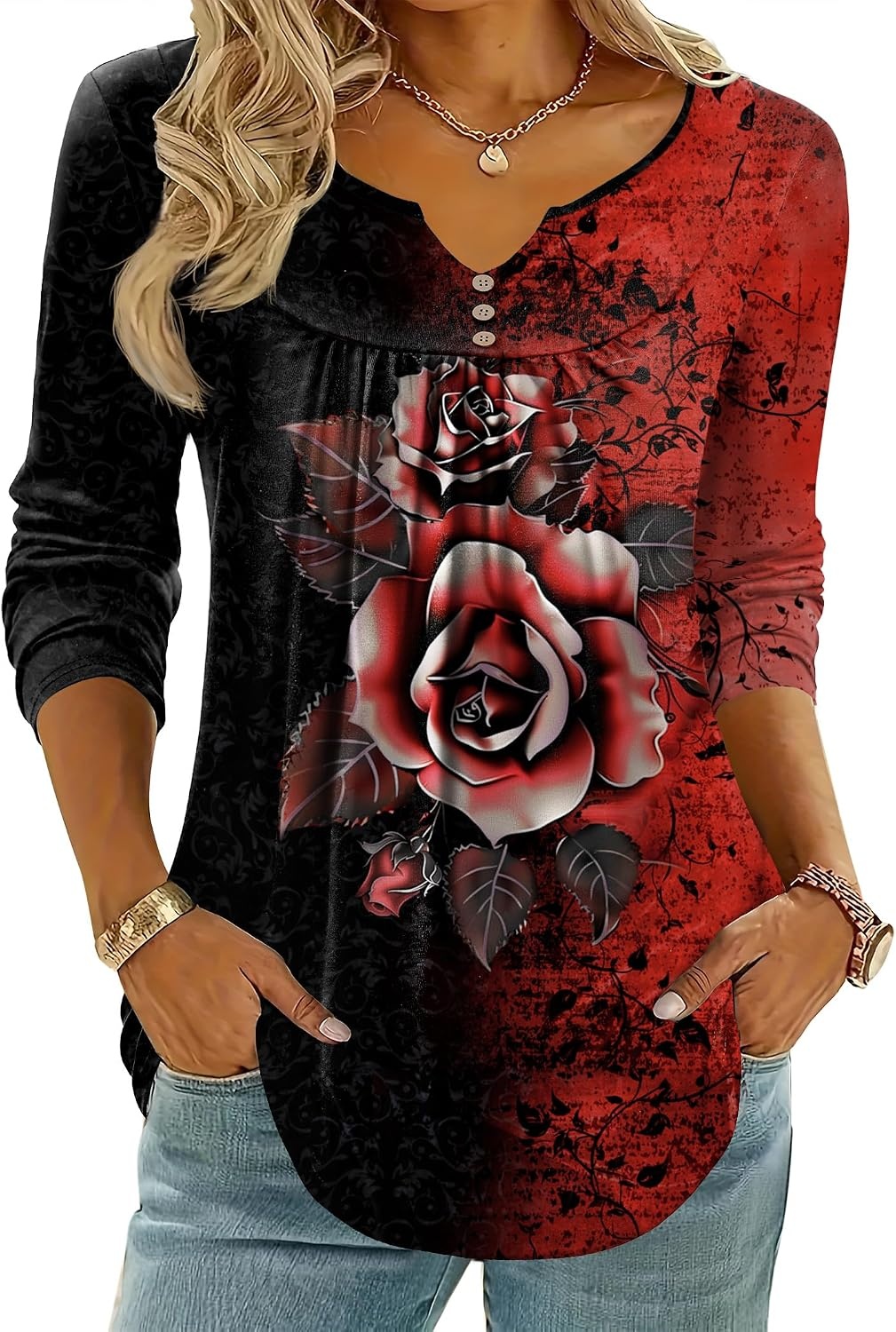 image:imageZeagoo Womens Tops Long Sleeve Shirts Boho Tops for Women 2026 Fall Blouses Ladies Sweatshirts Spring Fashion ClothingRed Flower