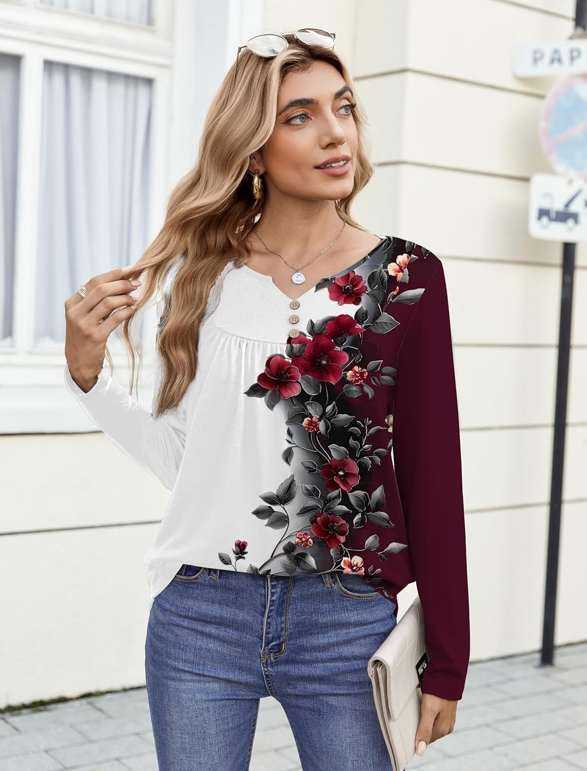 image:imageZeagoo Womens Tops Long Sleeve Shirts Boho Tops for Women 2026 Fall Blouses Ladies Sweatshirts Spring Fashion ClothingRed Flowers