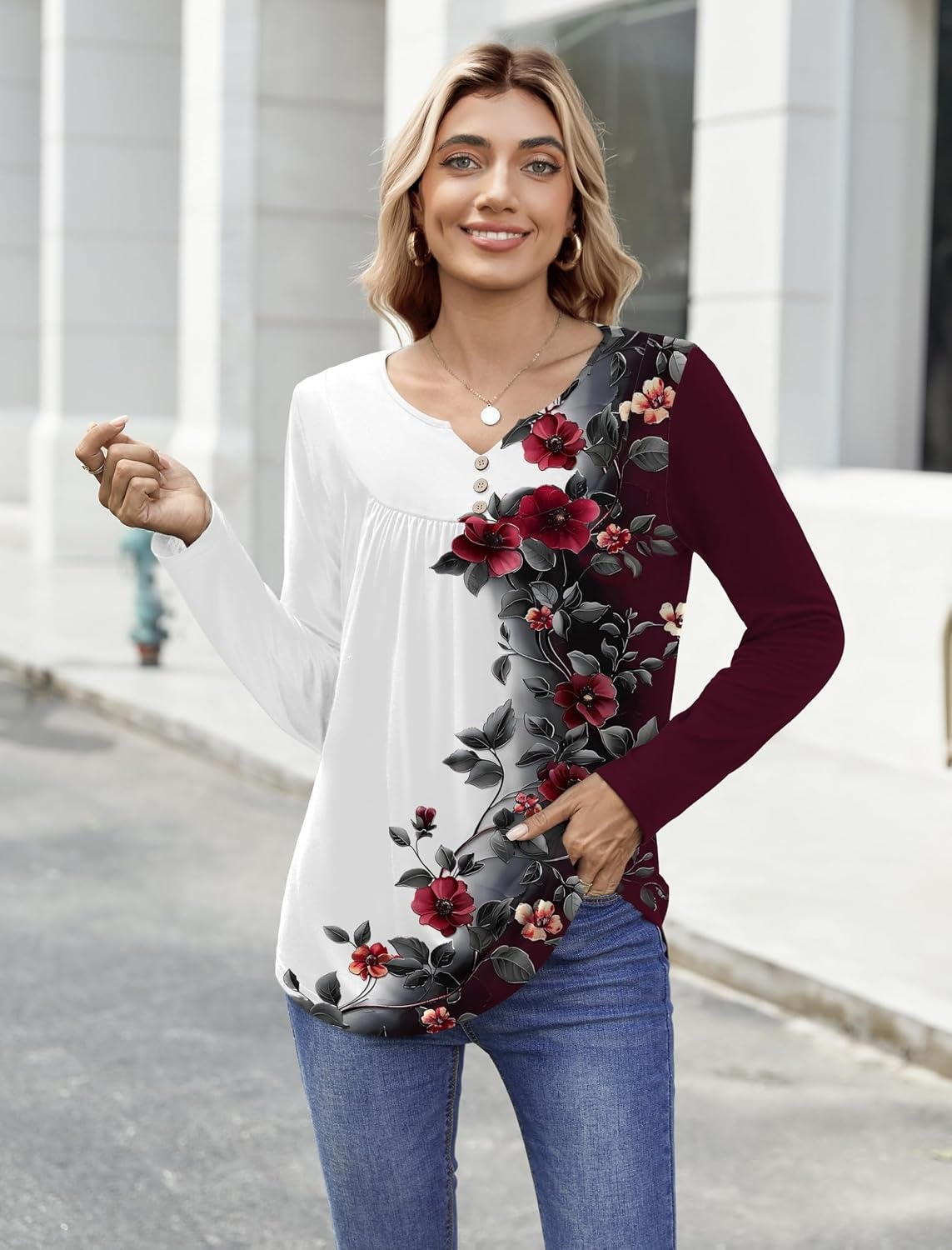 image:imageZeagoo Womens Tops Long Sleeve Shirts Boho Tops for Women 2026 Fall Blouses Ladies Sweatshirts Spring Fashion ClothingRed Flowers
