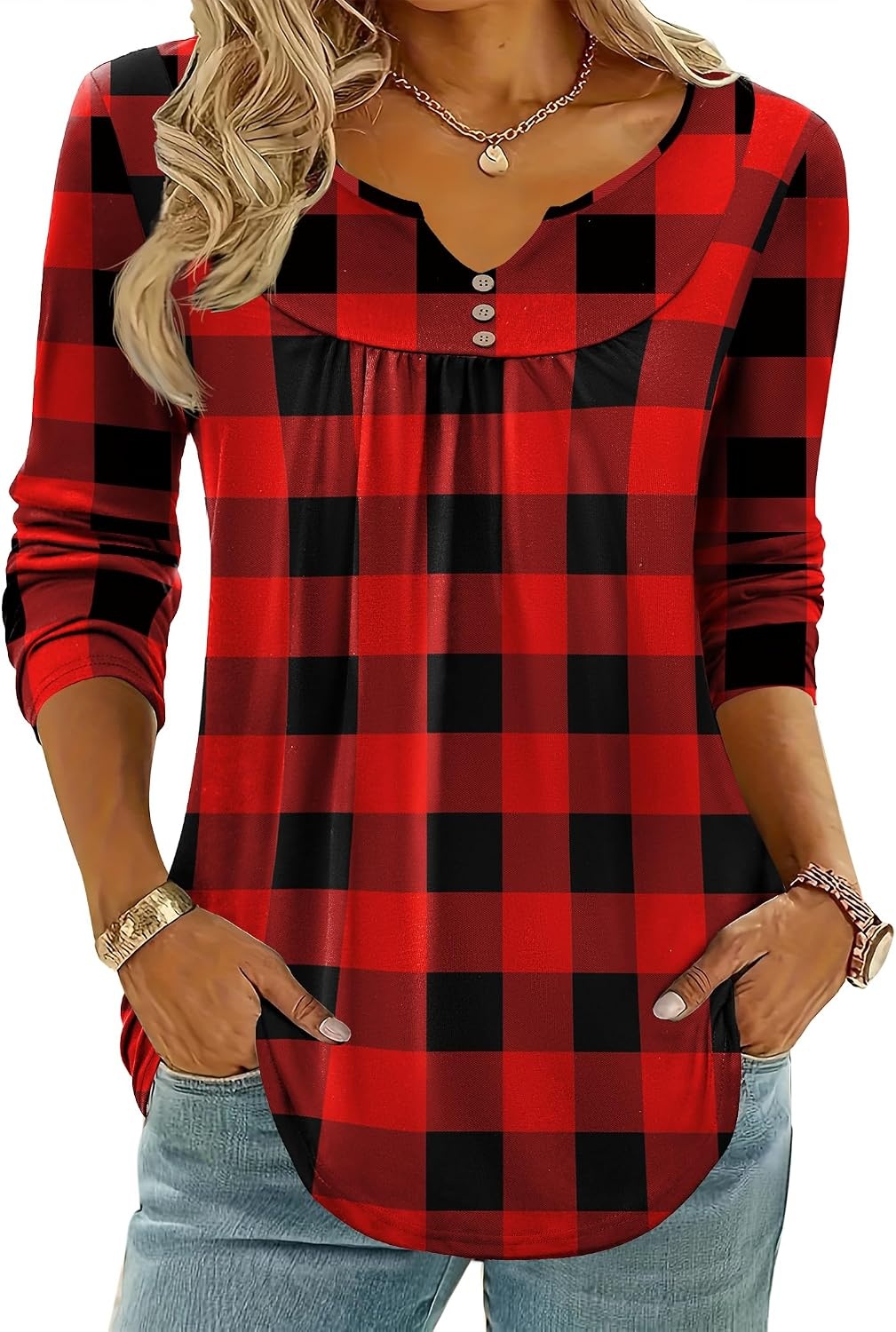 image:imageZeagoo Womens Tops Long Sleeve Shirts Boho Tops for Women 2026 Fall Blouses Ladies Sweatshirts Spring Fashion ClothingRed Plaid