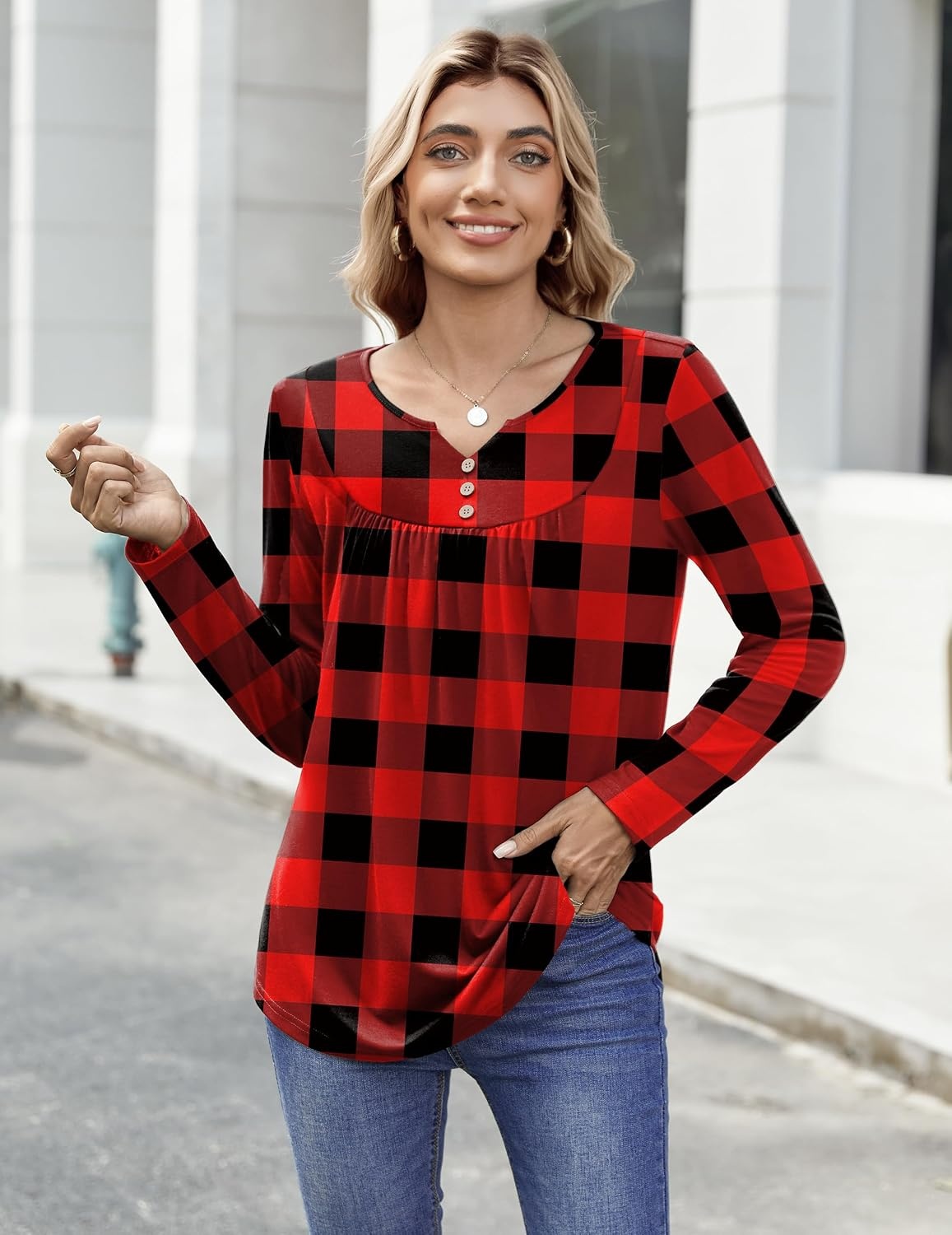 image:imageZeagoo Womens Tops Long Sleeve Shirts Boho Tops for Women 2026 Fall Blouses Ladies Sweatshirts Spring Fashion ClothingRed Plaid