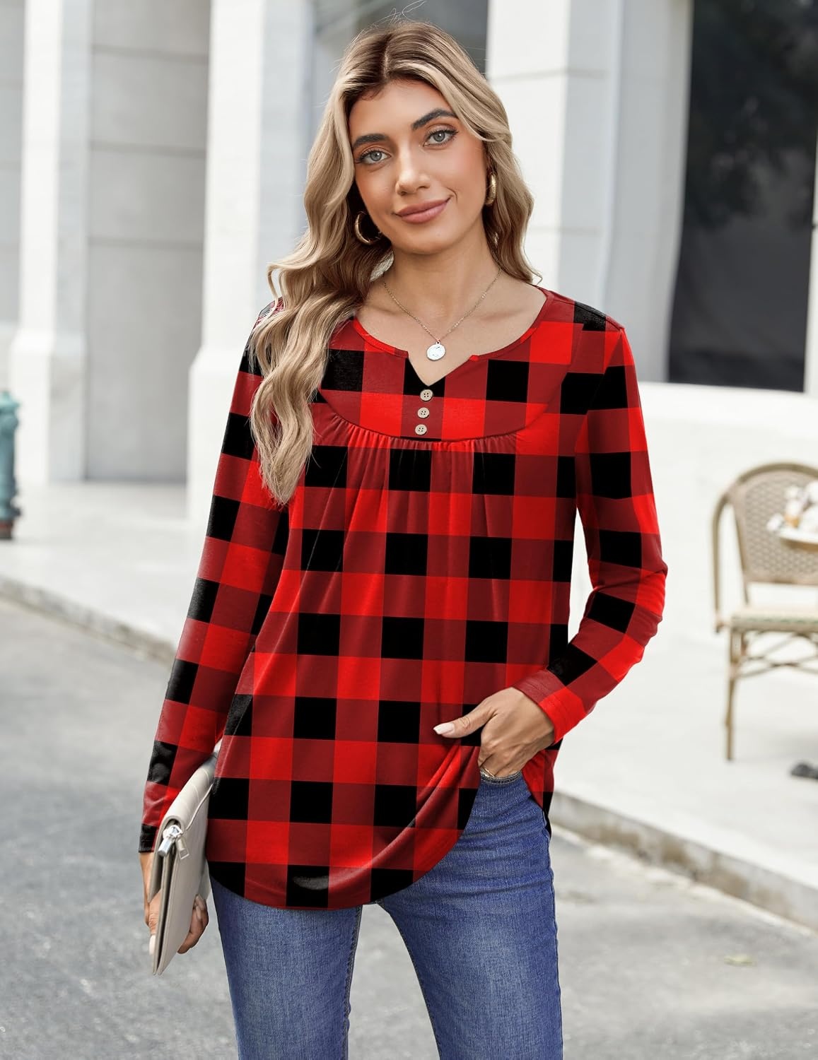 image:imageZeagoo Womens Tops Long Sleeve Shirts Boho Tops for Women 2026 Fall Blouses Ladies Sweatshirts Spring Fashion ClothingRed Plaid