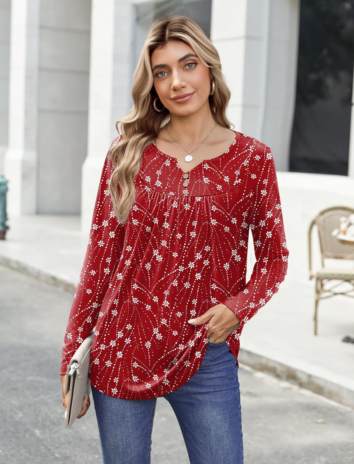 image:imageZeagoo Womens Tops Long Sleeve Shirts Boho Tops for Women 2026 Fall Blouses Ladies Sweatshirts Spring Fashion ClothingRed White Print