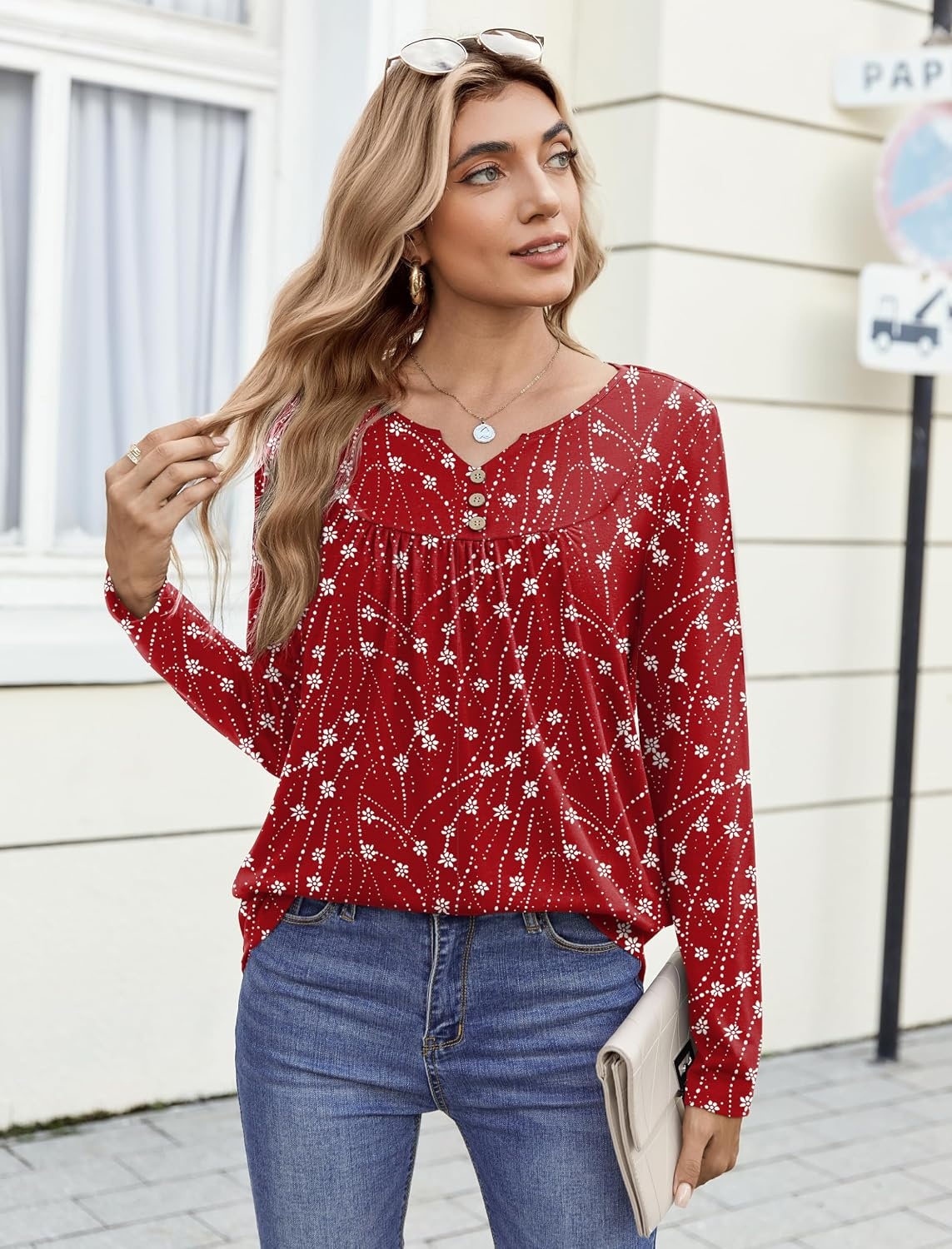 image:imageZeagoo Womens Tops Long Sleeve Shirts Boho Tops for Women 2026 Fall Blouses Ladies Sweatshirts Spring Fashion ClothingRed White Print