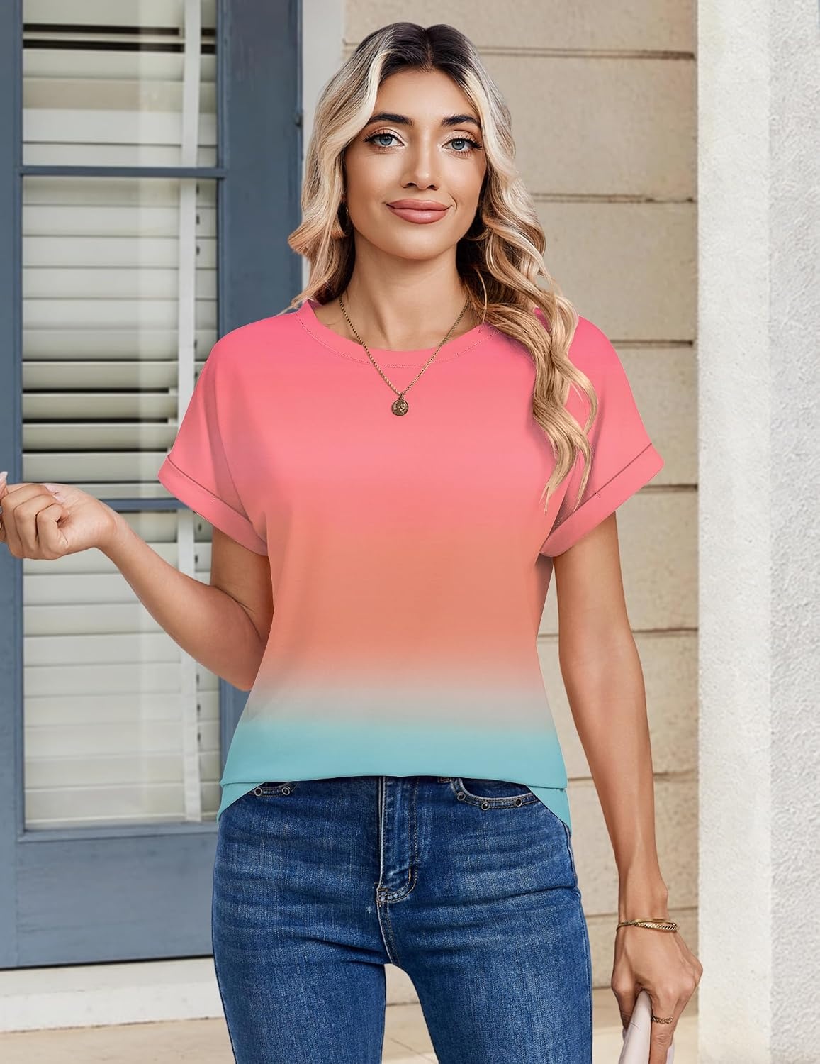 image:imageZeagoo Womens Tops Short Sleeve Cute Summer Blouses Crew Neck Dressy Casual T Shirts Work Clothes S2XLJb218gradient Color